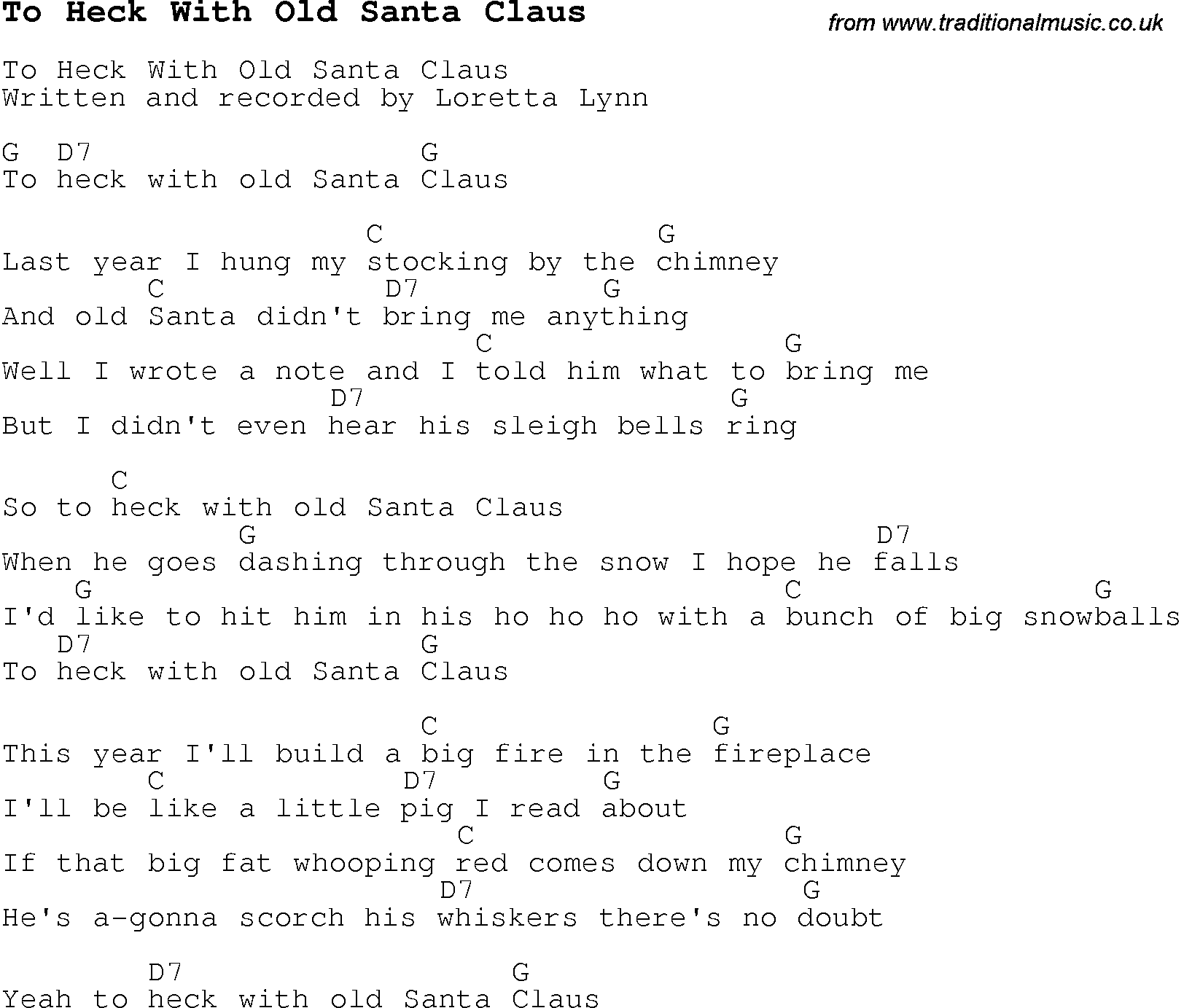 Christmas Songs and Carols, lyrics with chords for guitar banjo for To Heck With Old Santa Claus