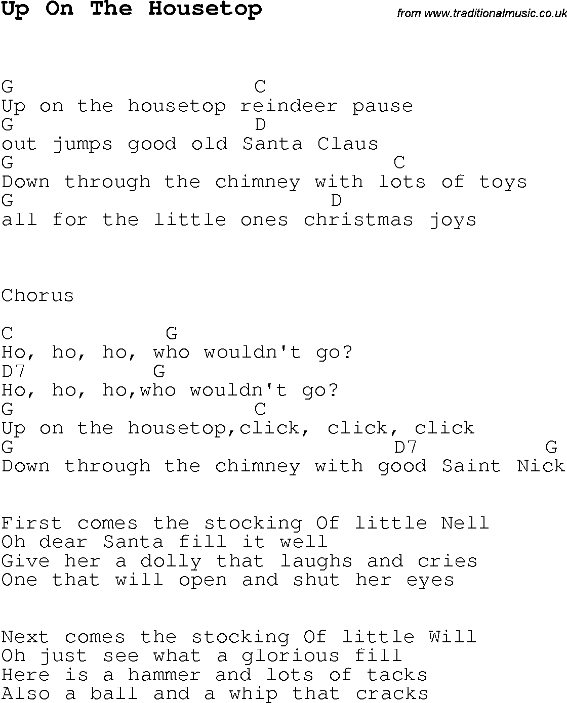 Christmas Carol/Song lyrics with chords for Up On The Housetop
