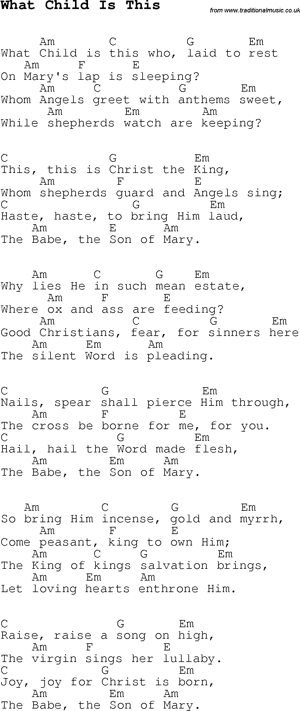 Christmas Carol/Song lyrics with chords for What Child Is This