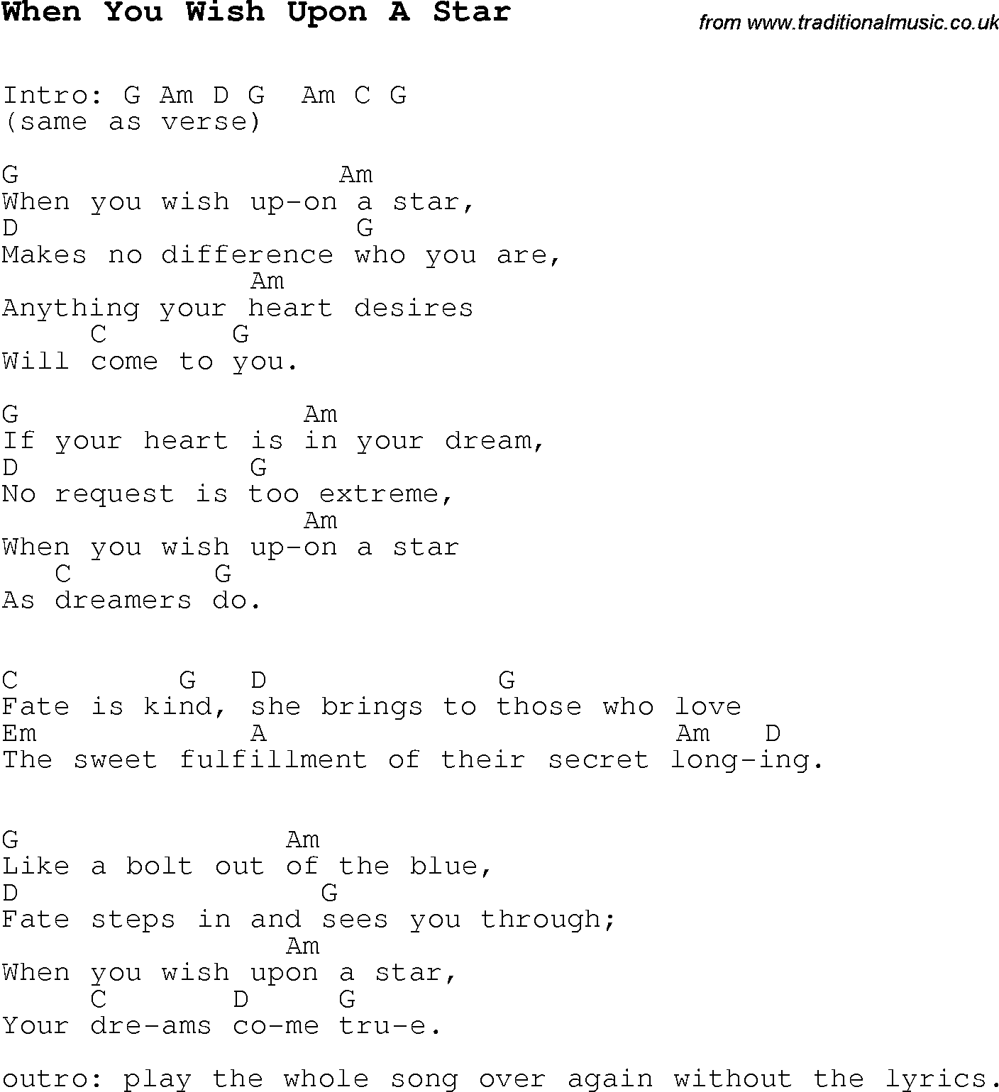 Christmas Carol/Song lyrics with chords for When You Wish Upon A Star