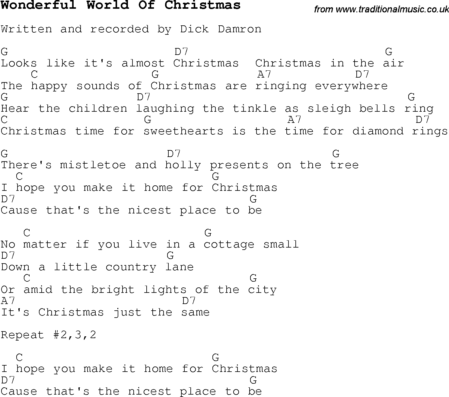 Christmas Songs and Carols, lyrics with chords for guitar banjo for Wonderful World Of Christmas