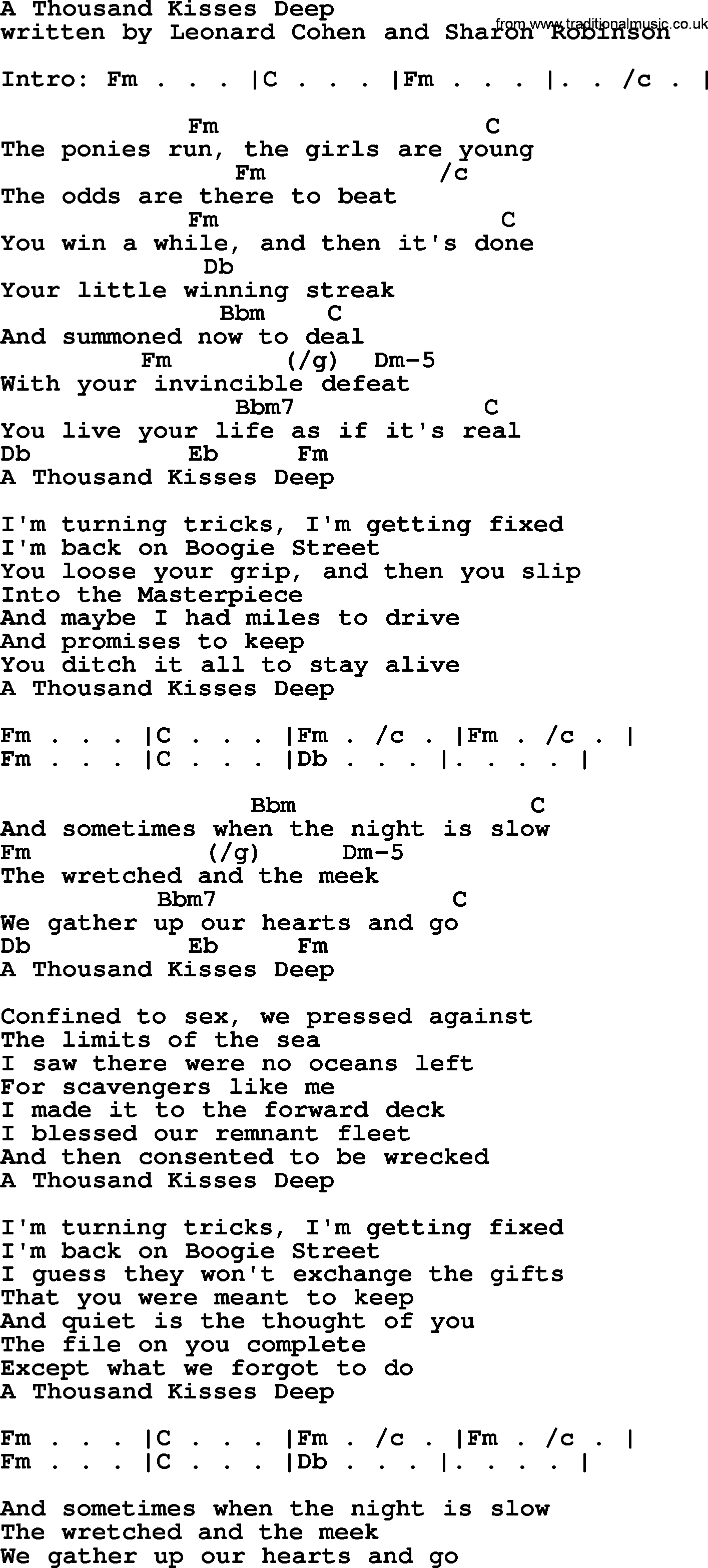 Leonard Cohen song A Thousand Kisses Deep, lyrics and chords