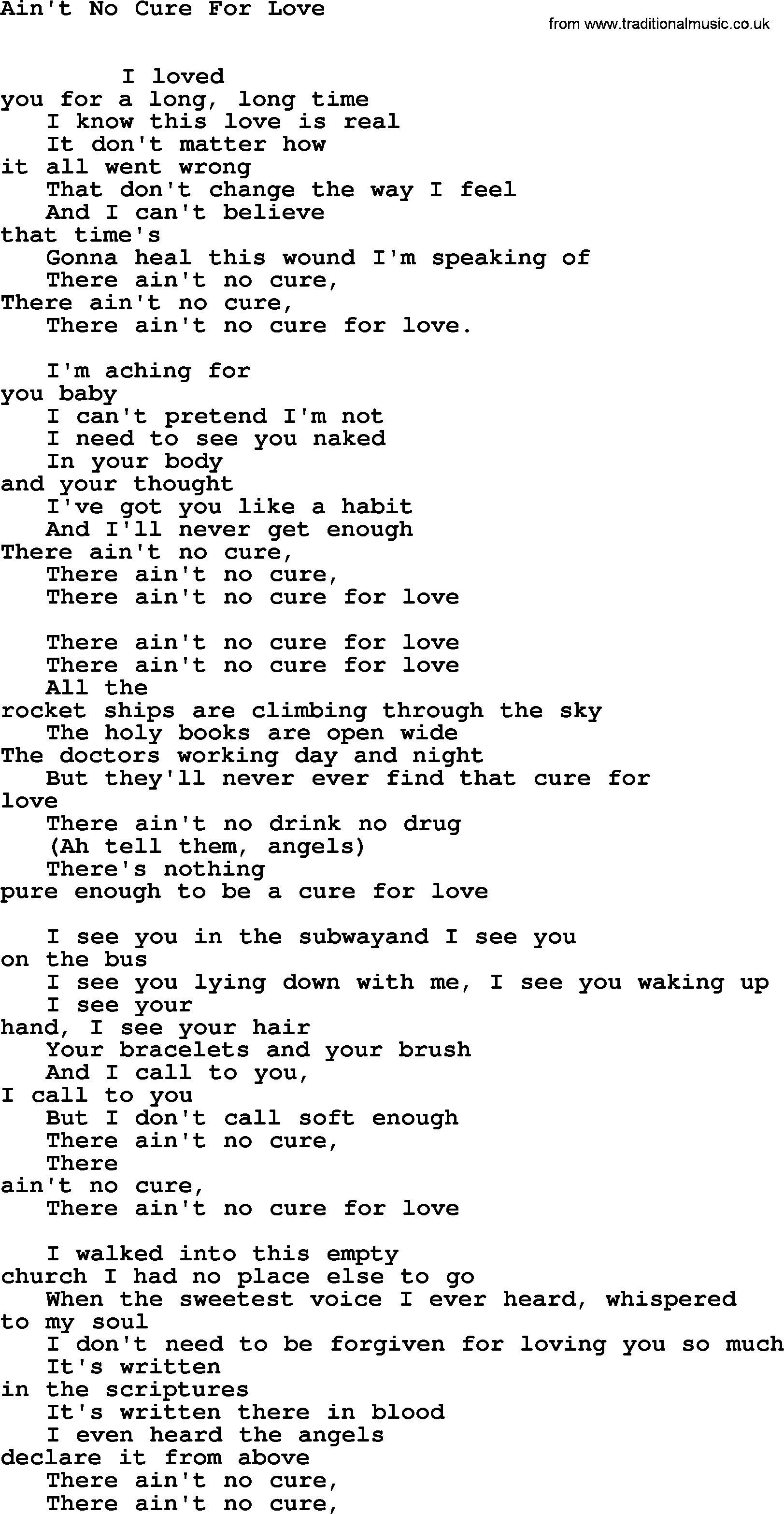 Leonard Cohen song Aint No Cure Love-leonard-cohen.txt lyrics