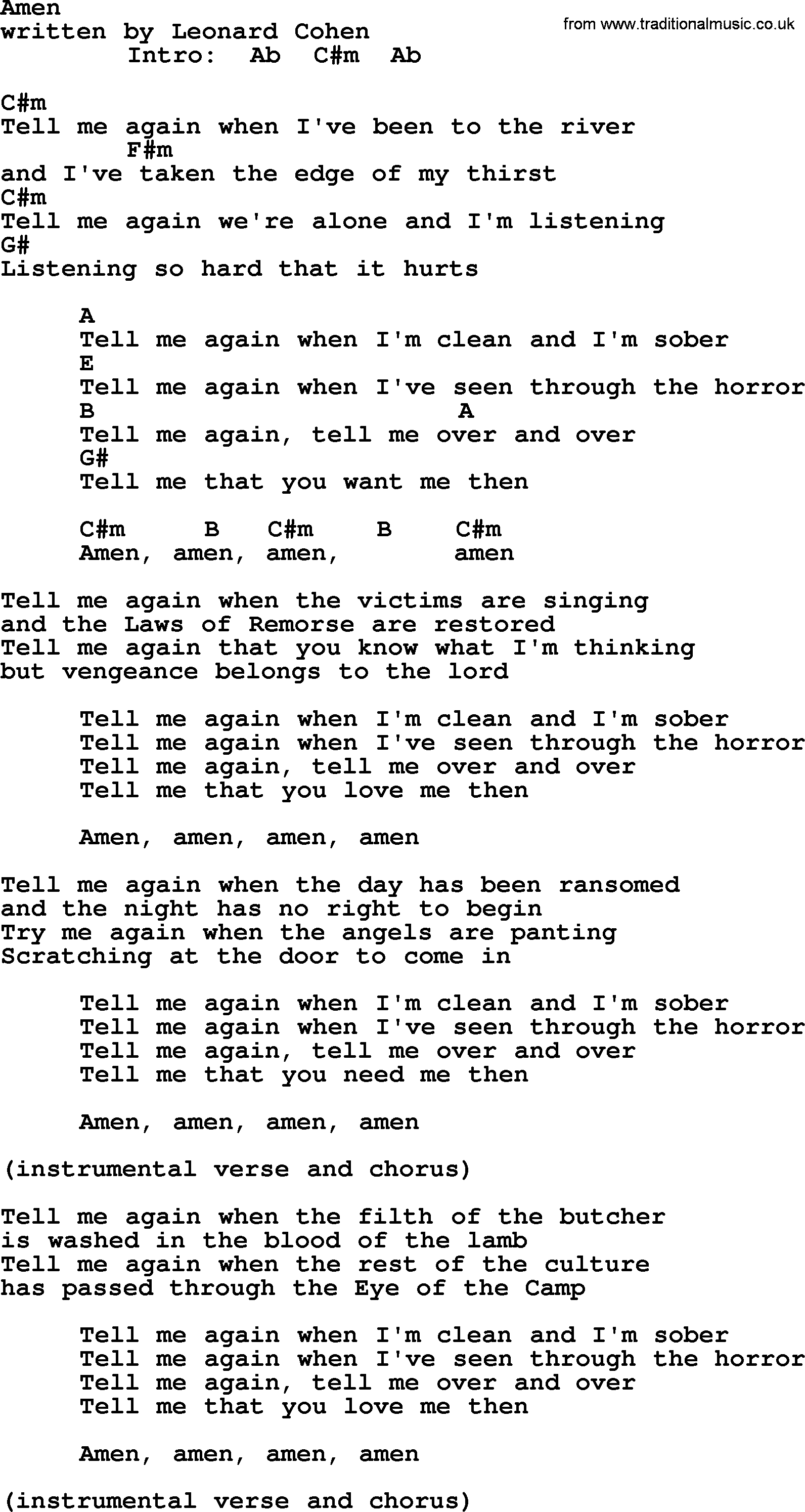 Leonard Cohen song Amen, lyrics and chords