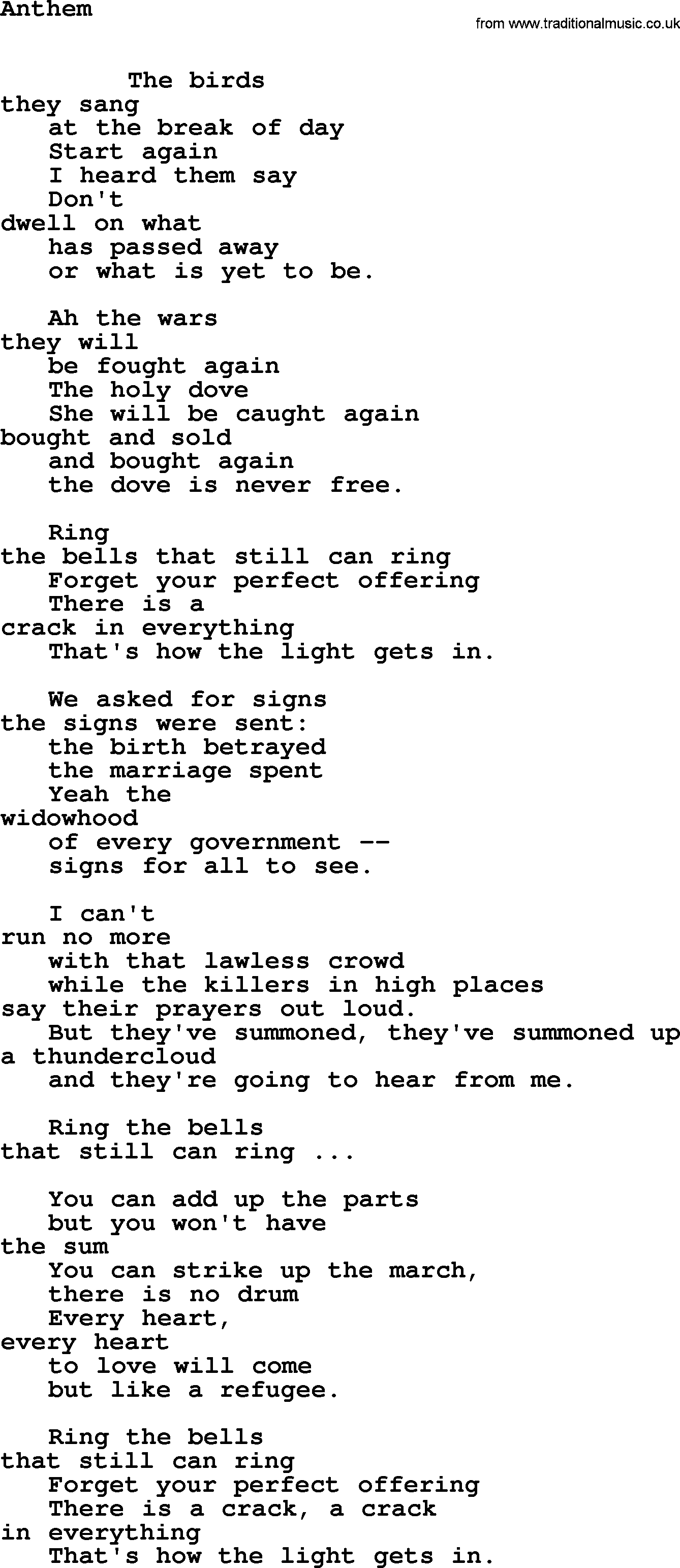 Leonard Cohen song Anthem-leonard-cohen.txt lyrics
