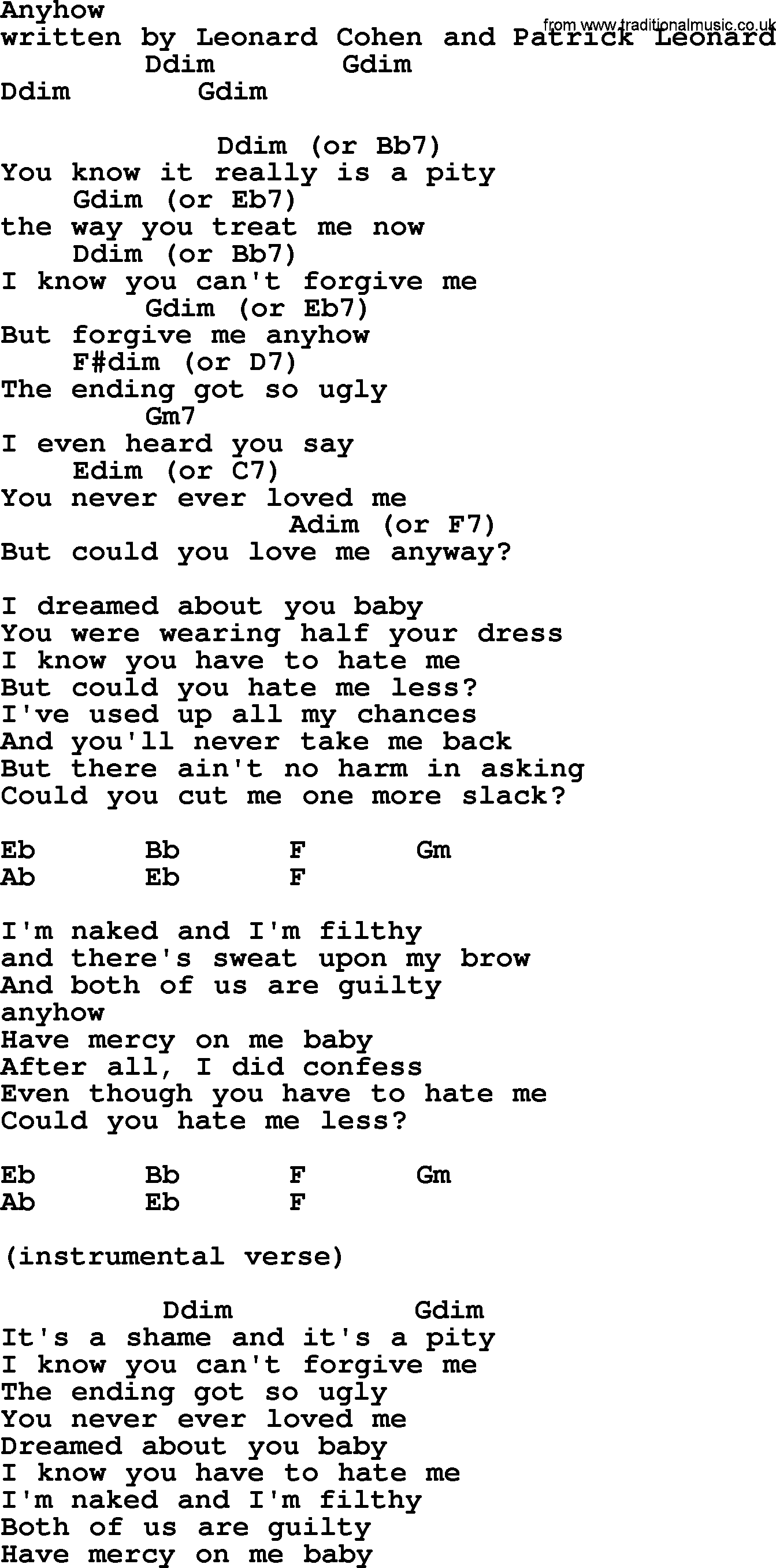 Leonard Cohen song Anyhow, lyrics and chords