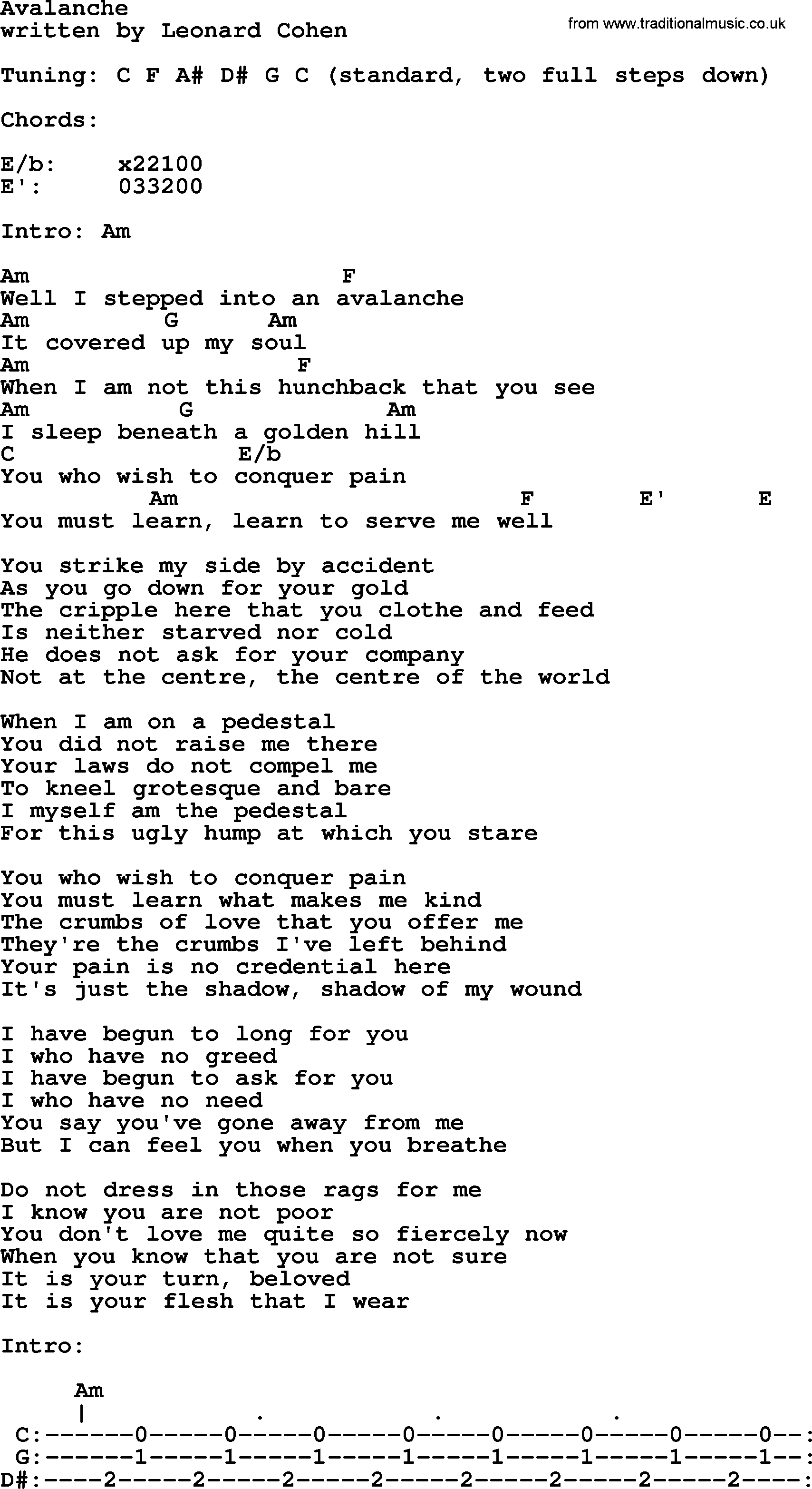 Leonard Cohen song Avalanche, lyrics and chords