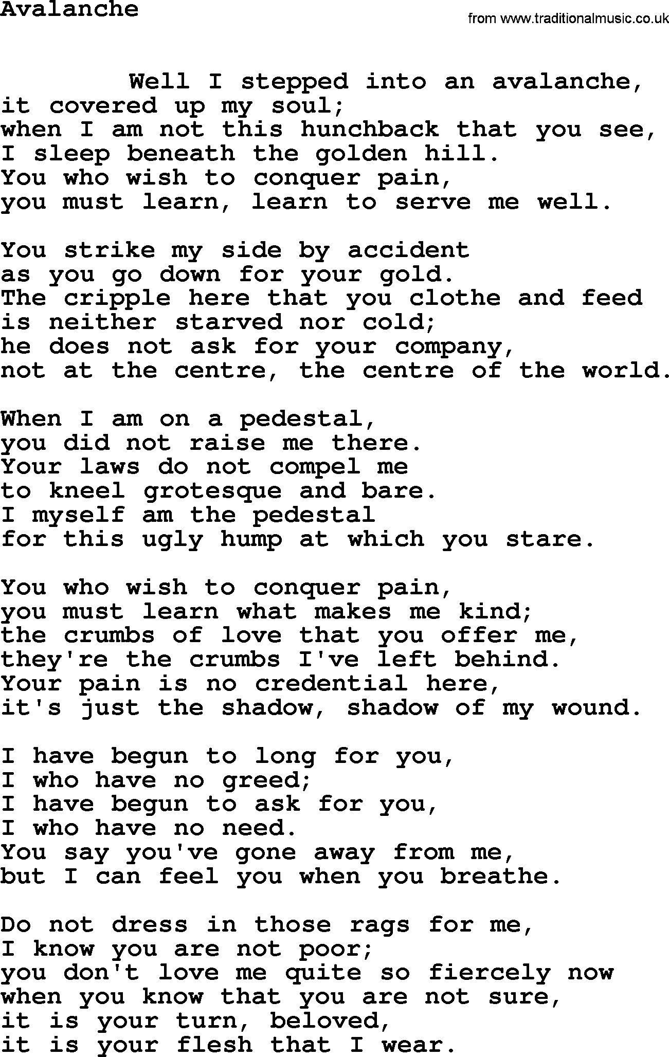 Leonard Cohen song Avalanche-leonard-cohen.txt lyrics