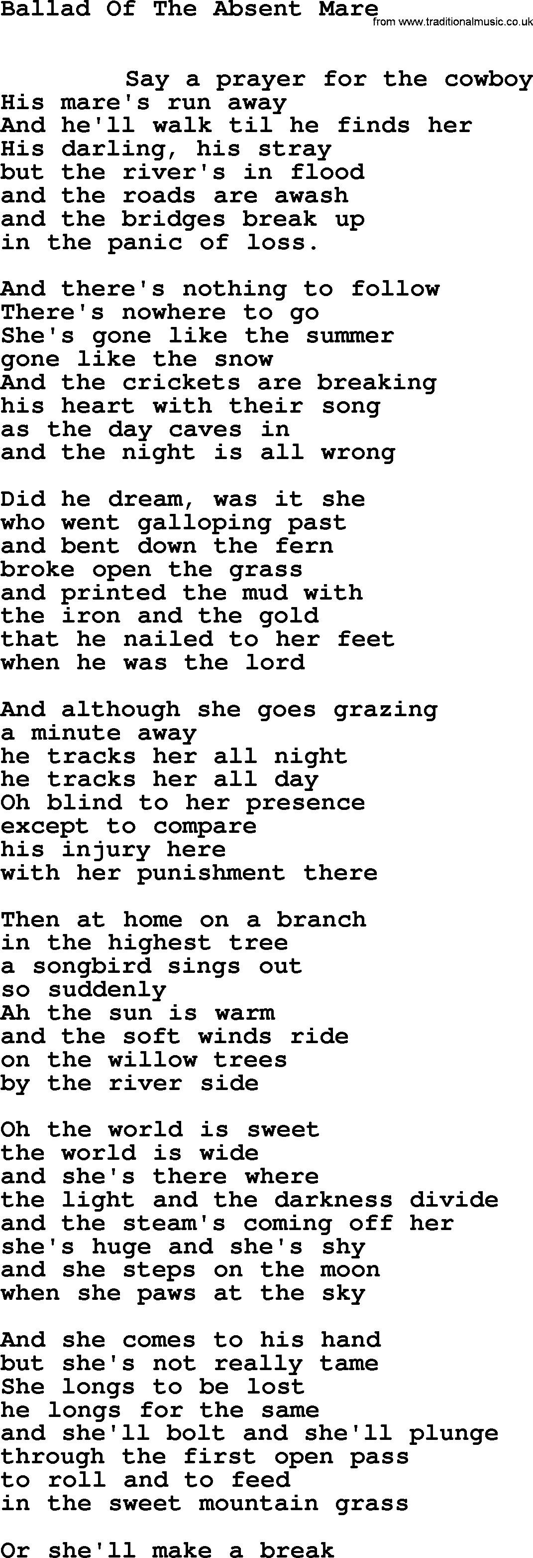 Leonard Cohen song Ballad Absent Mare-leonard-cohen.txt lyrics