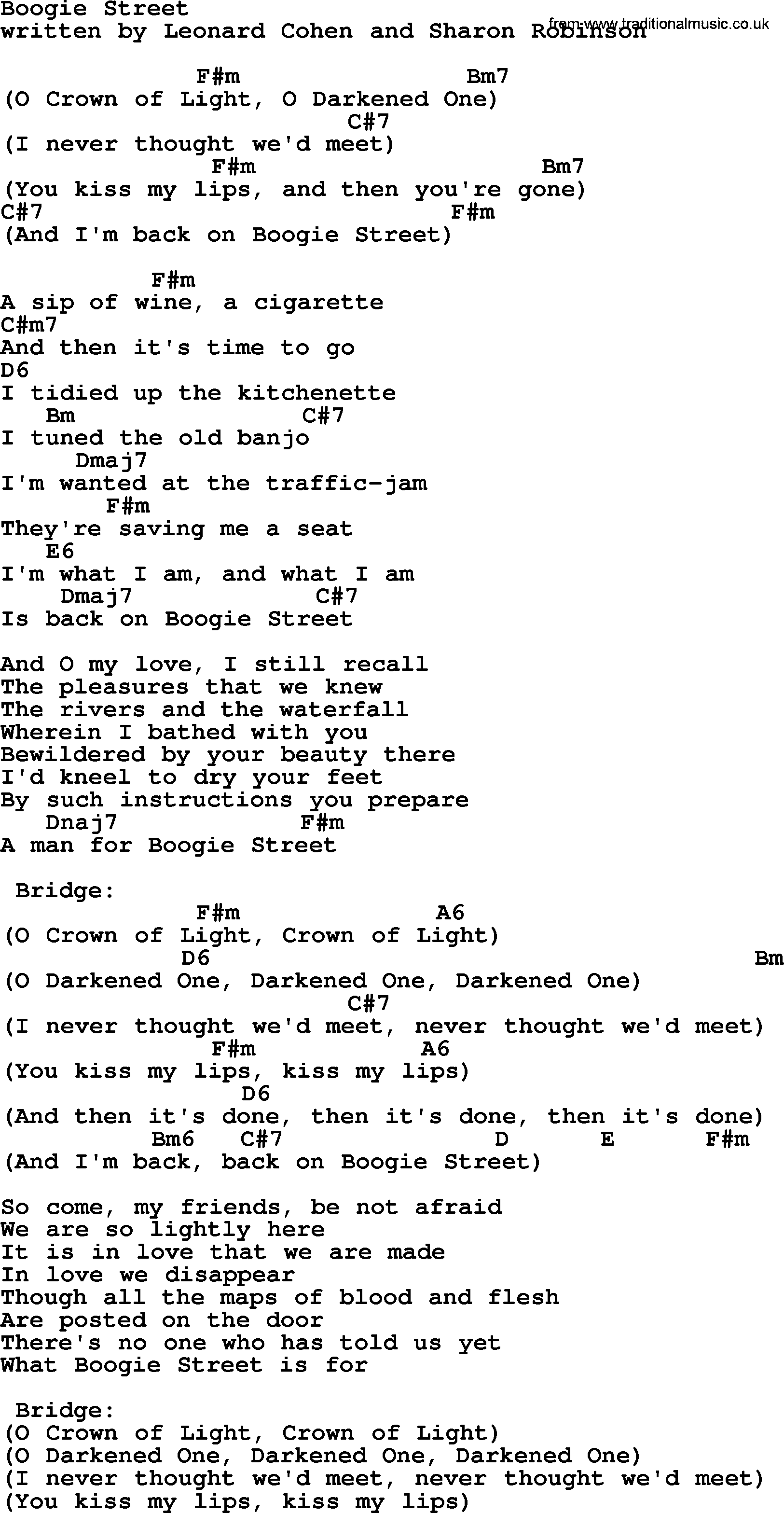 Leonard Cohen song Boogie Street, lyrics and chords