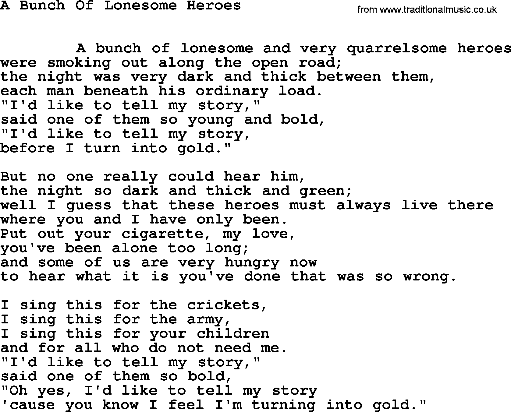 Leonard Cohen song Bunch Lonesome Heroes-leonard-cohen.txt lyrics