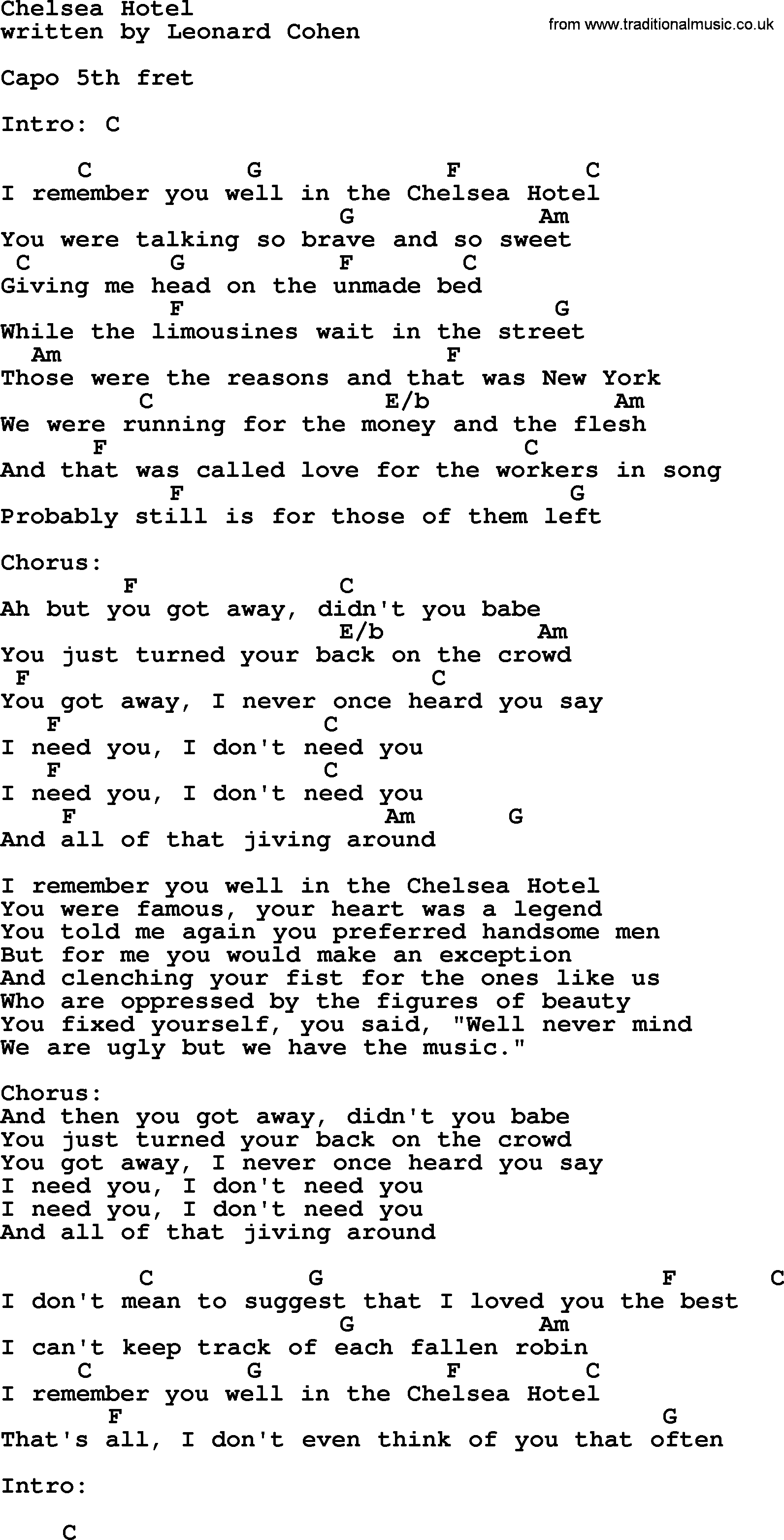 Leonard Cohen song Chelsea Hotel, lyrics and chords