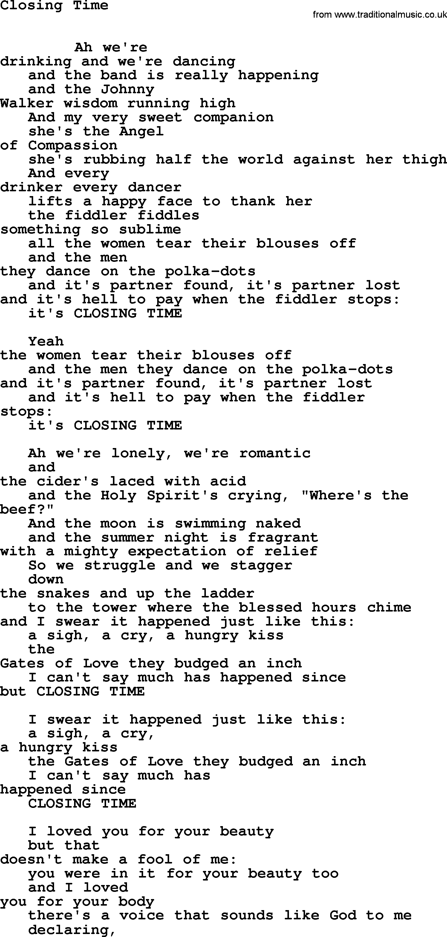 Leonard Cohen song Closing Time-leonard-cohen.txt lyrics