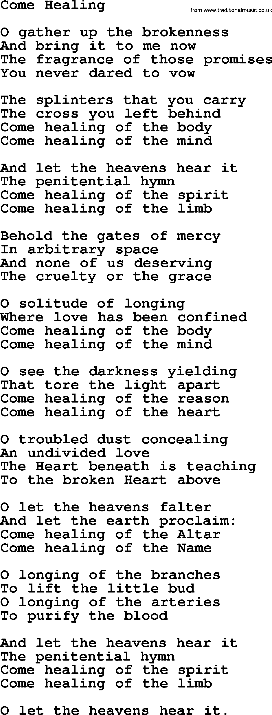 Leonard Cohen song Come Healing-leonard-cohen.txt lyrics