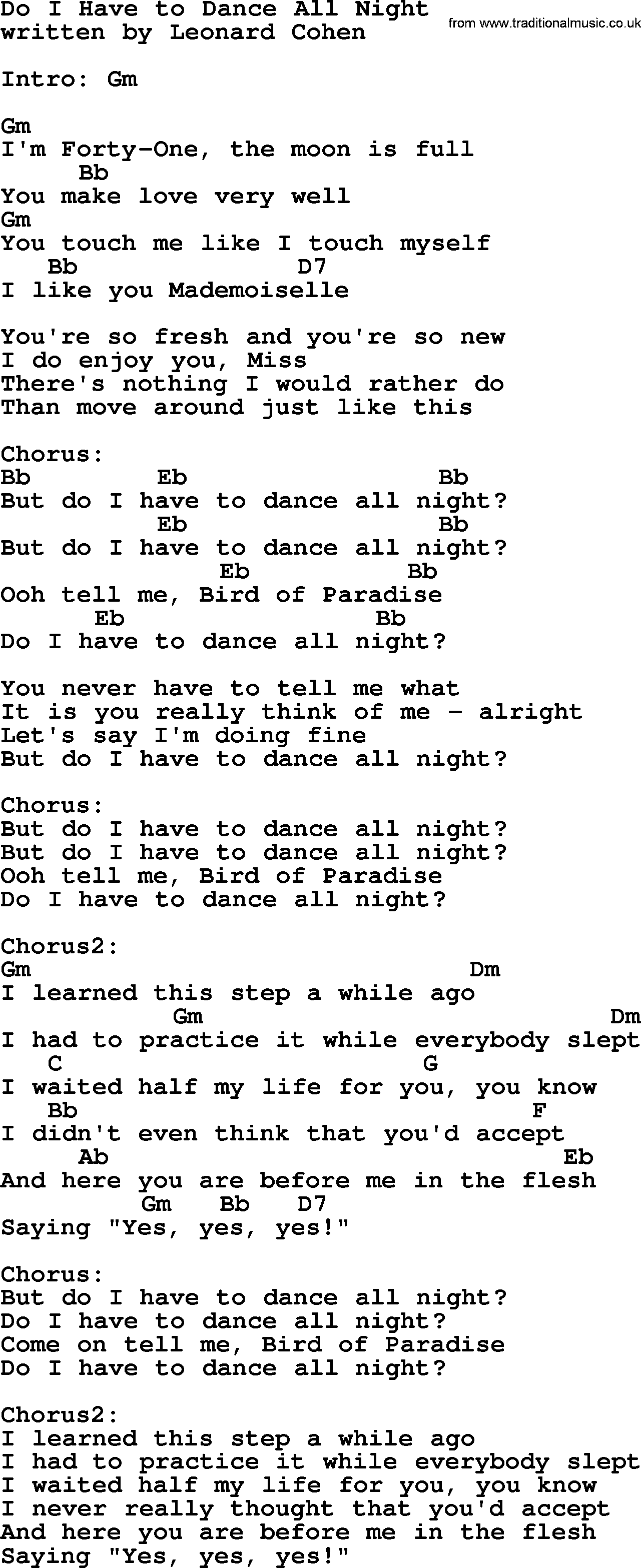Leonard Cohen song Do I Have To Dance All Night, lyrics and chords