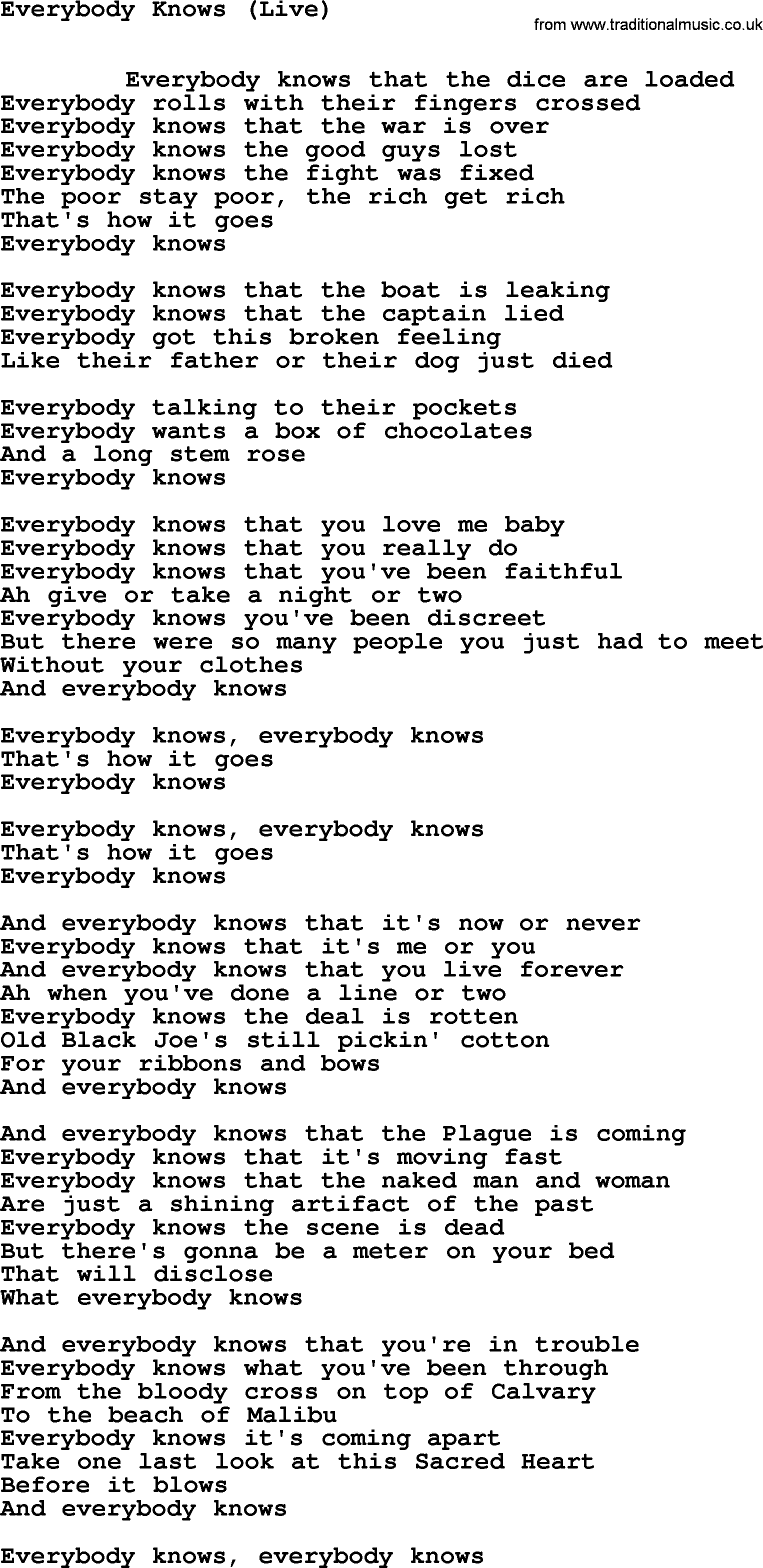 Leonard Cohen song Everybody Knows(Live)-leonard-cohen.txt lyrics