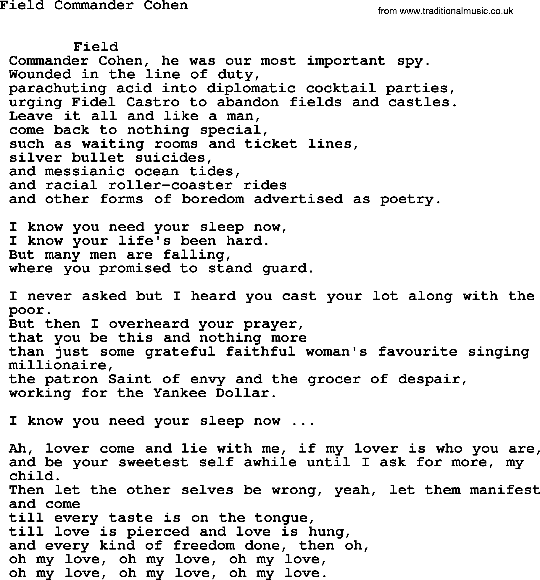 Leonard Cohen song Field Commander Cohen-leonard-cohen.txt lyrics