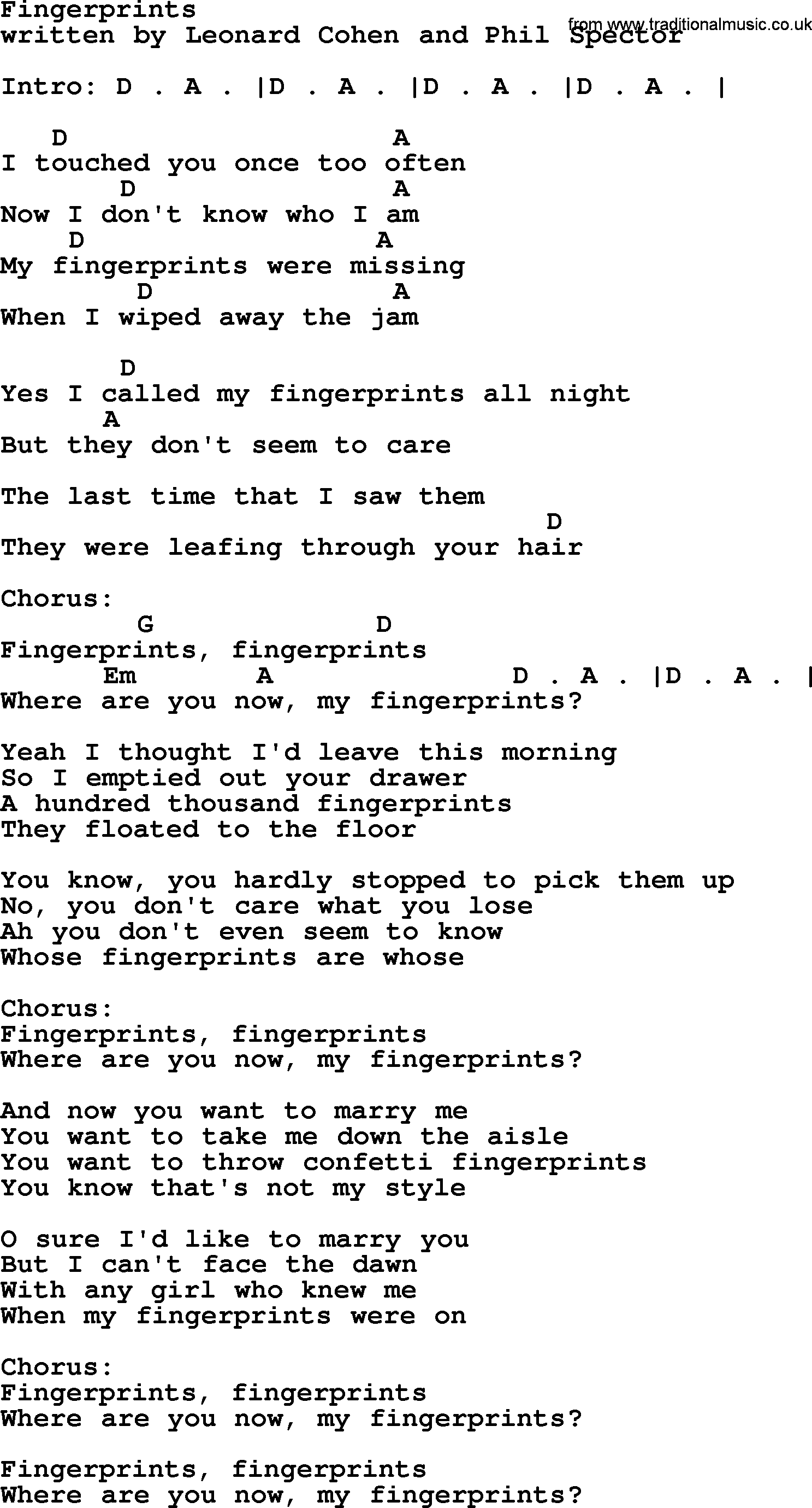 Leonard Cohen song Fingerprints, lyrics and chords