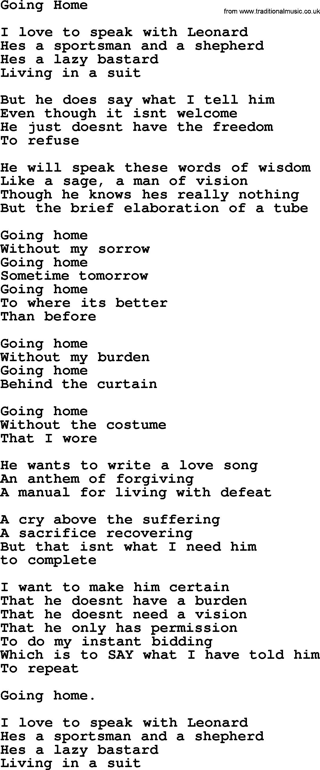 Leonard Cohen song Going Home-leonard-cohen.txt lyrics