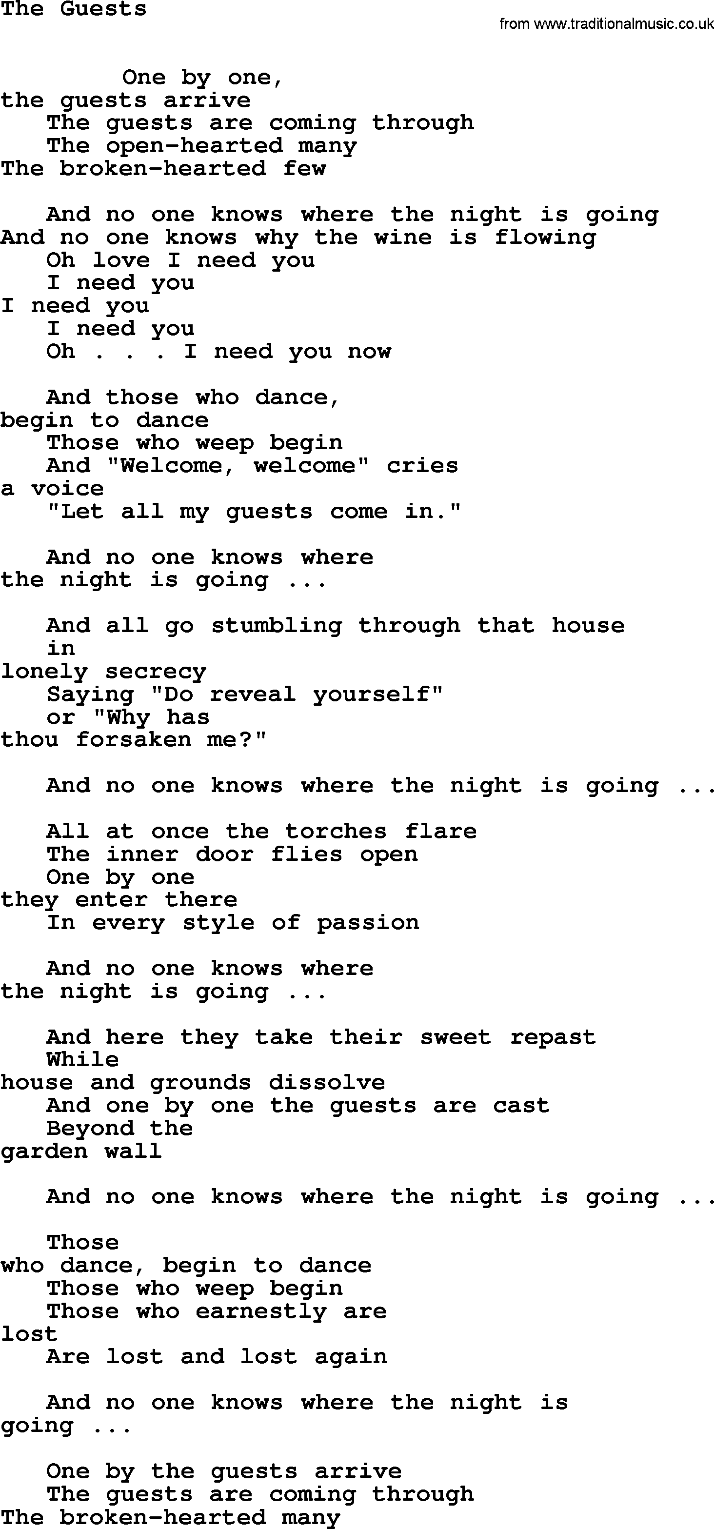 Leonard Cohen song Guests-leonard-cohen.txt lyrics