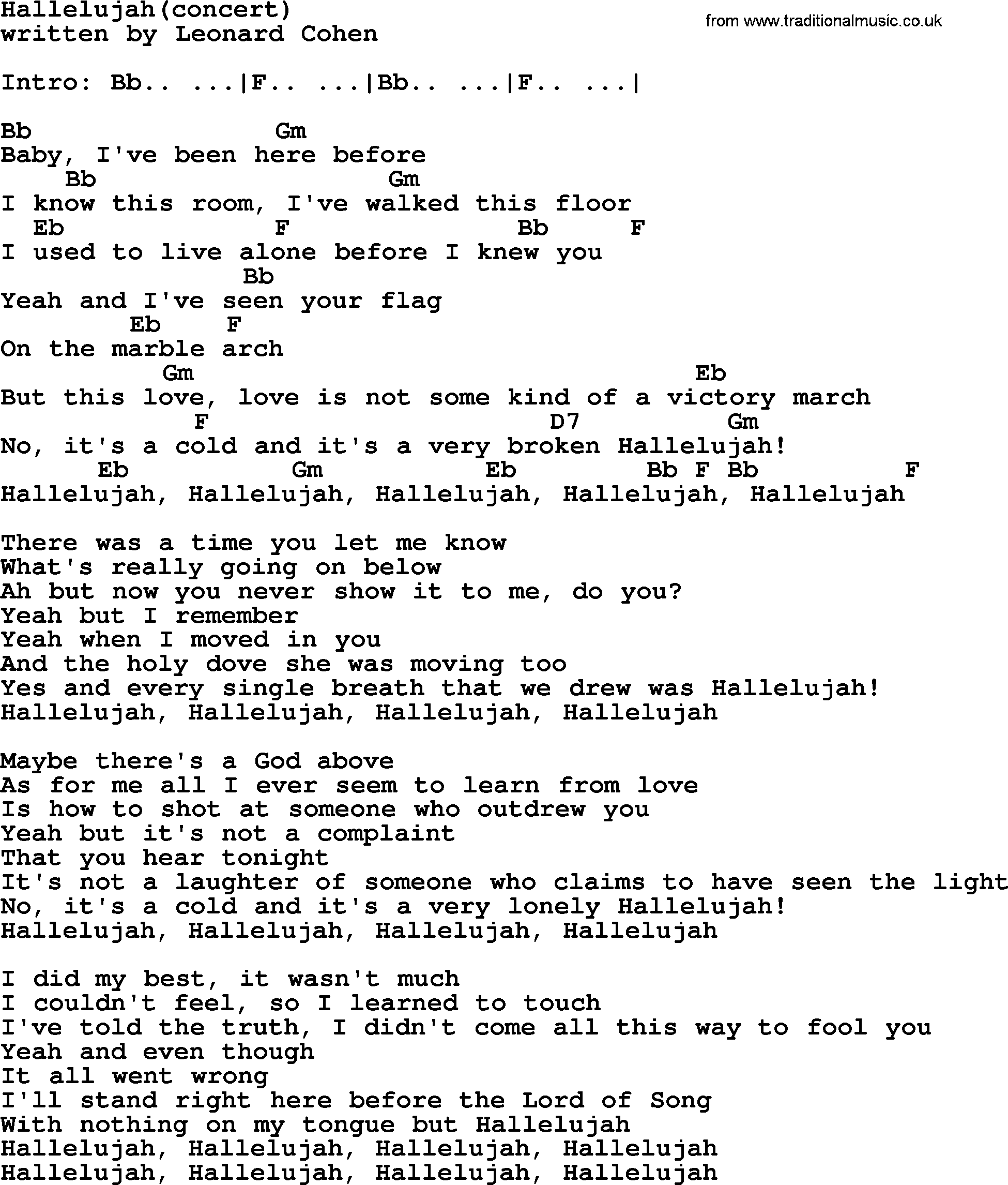Leonard Cohen song Hallelujah(concert), lyrics and chords