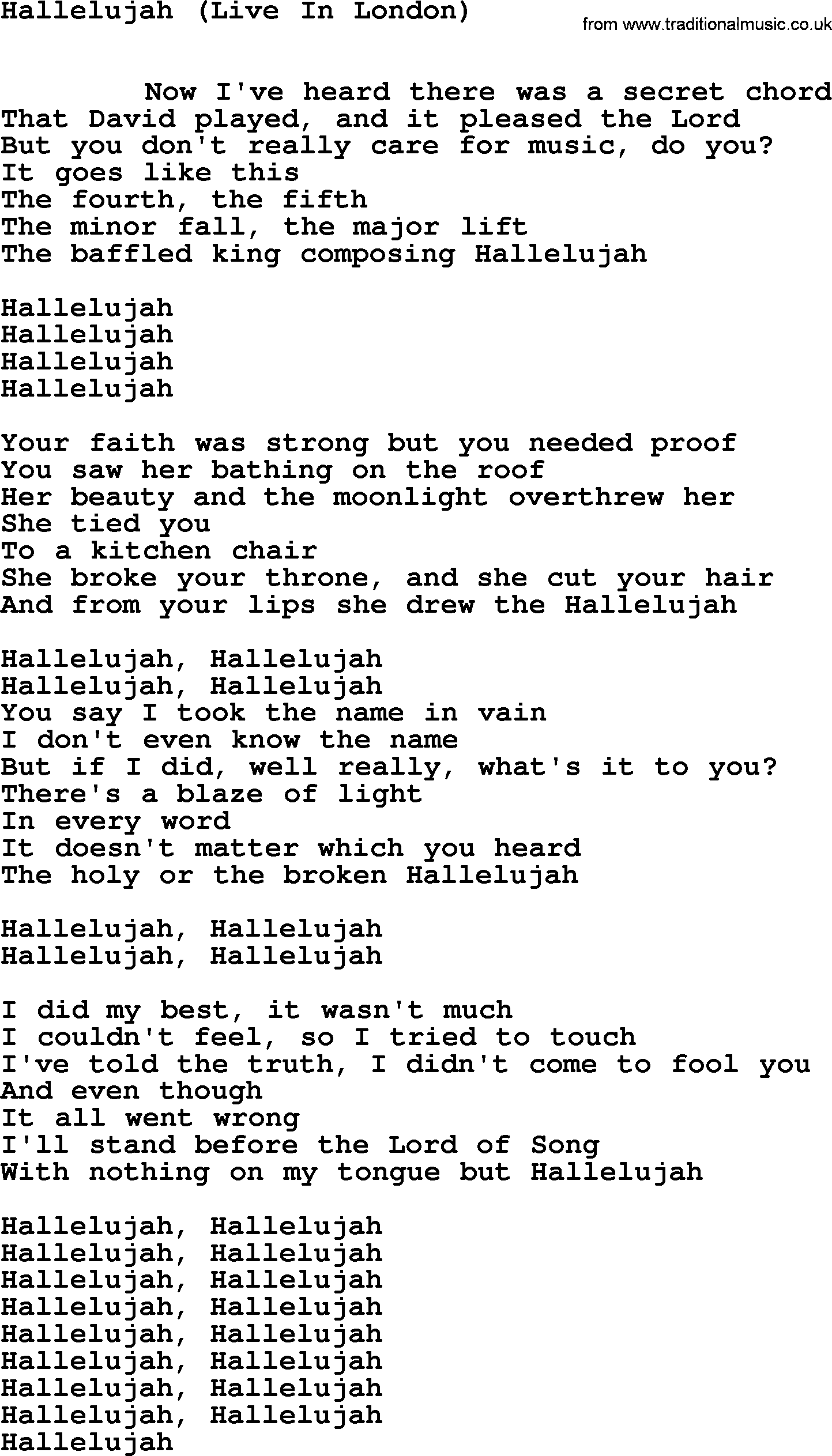 Leonard Cohen song Hallelujah(London)-leonard-cohen.txt lyrics
