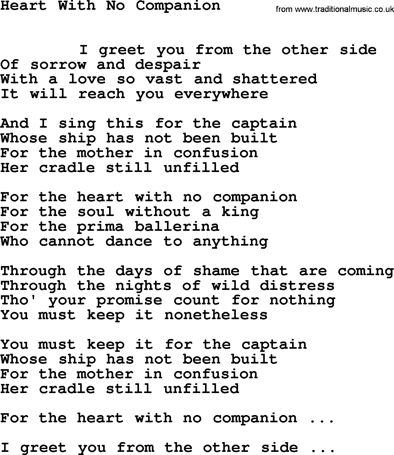 Leonard Cohen song Heart No Companion-leonard-cohen.txt lyrics