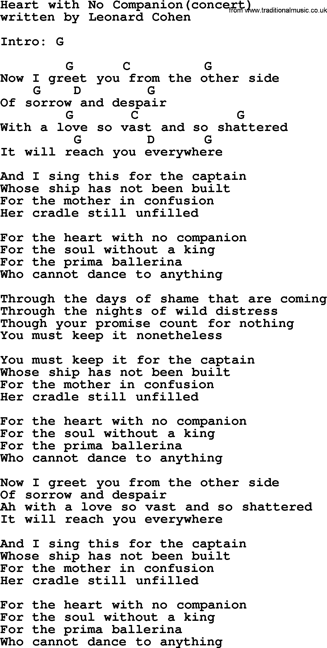 Leonard Cohen song Heart With No Companion(concert), lyrics and chords