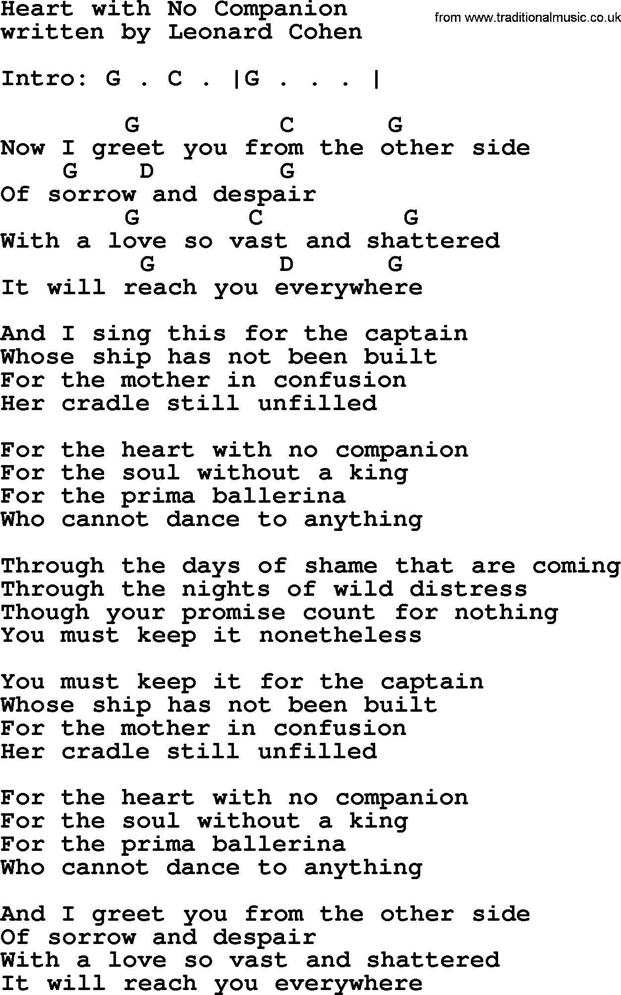 Leonard Cohen song Heart With No Companion, lyrics and chords