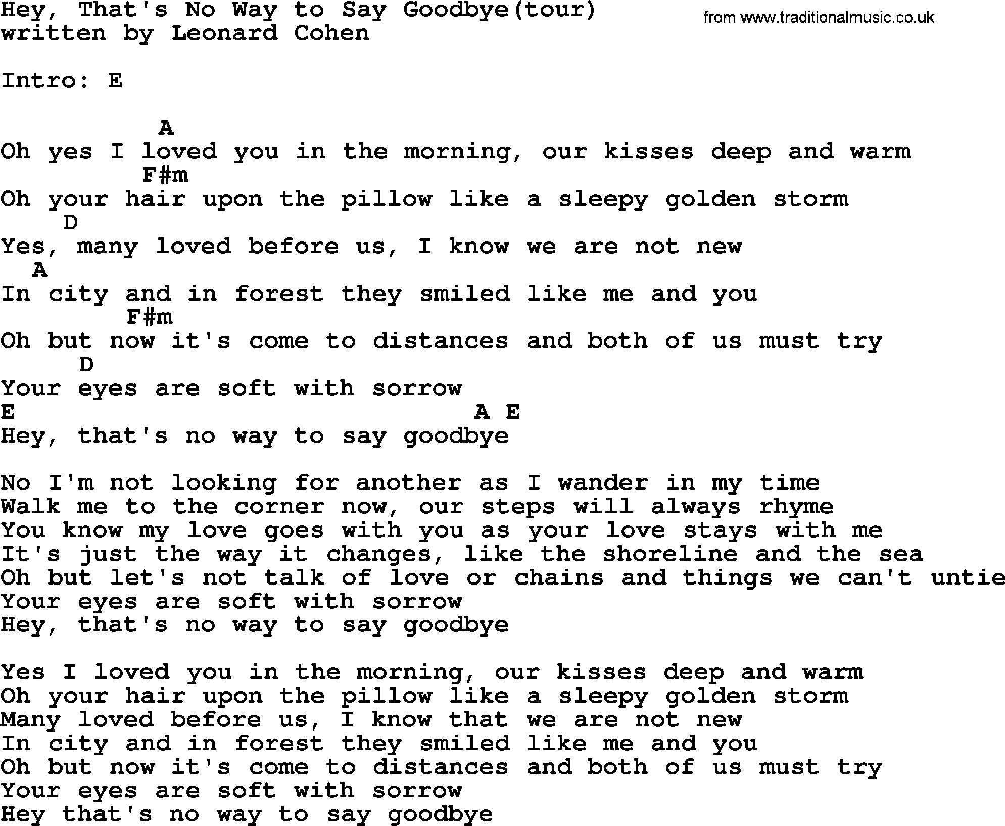 Leonard Cohen song Hey Thats No Way To Say Goodbye(tour), lyrics and chords