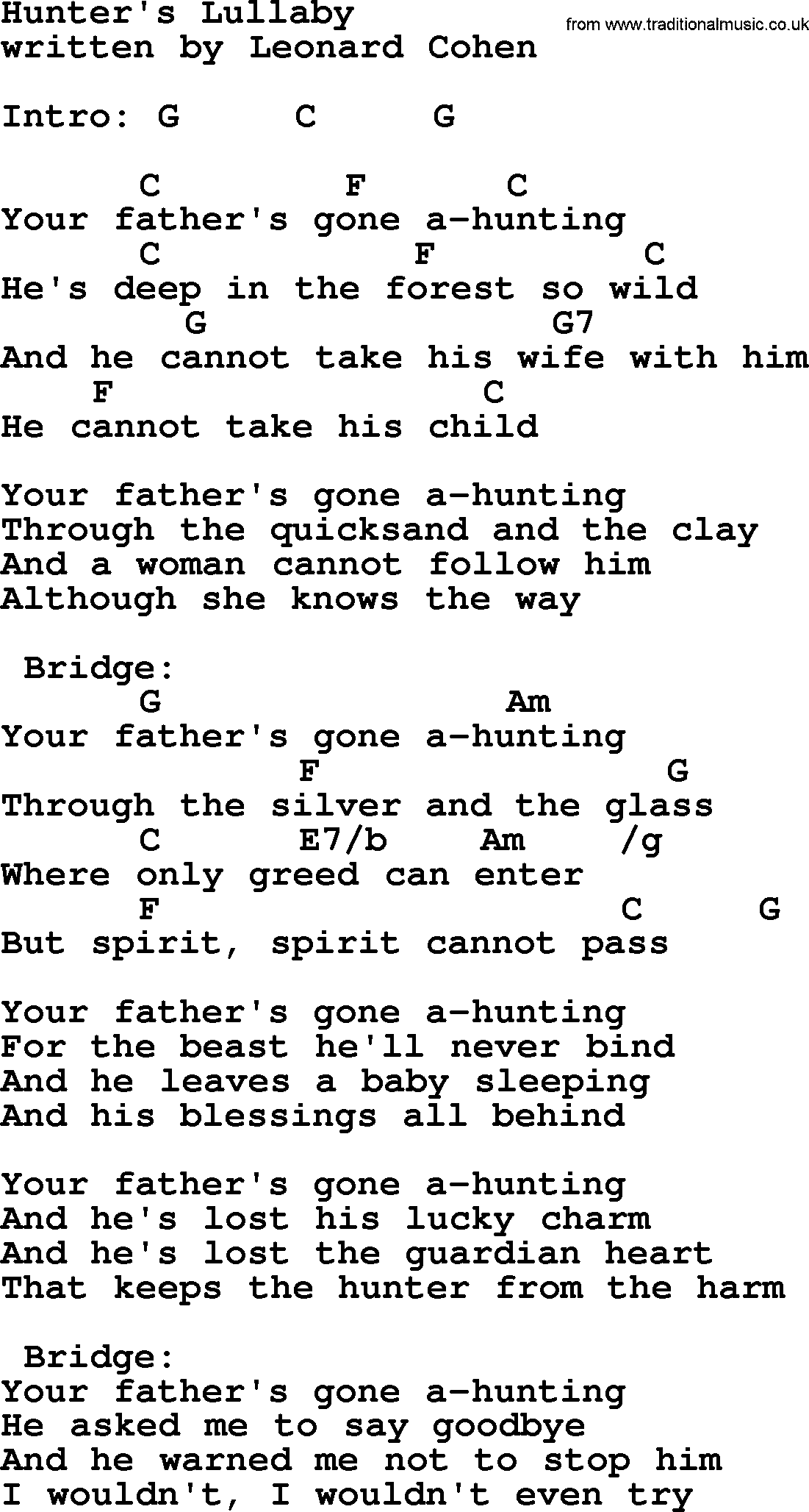 Leonard Cohen song Hunters Lullaby, lyrics and chords