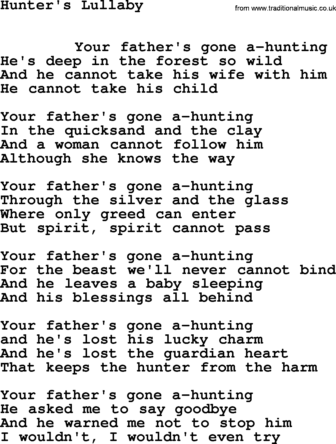 Leonard Cohen song Hunters Lullaby-leonard-cohen.txt lyrics