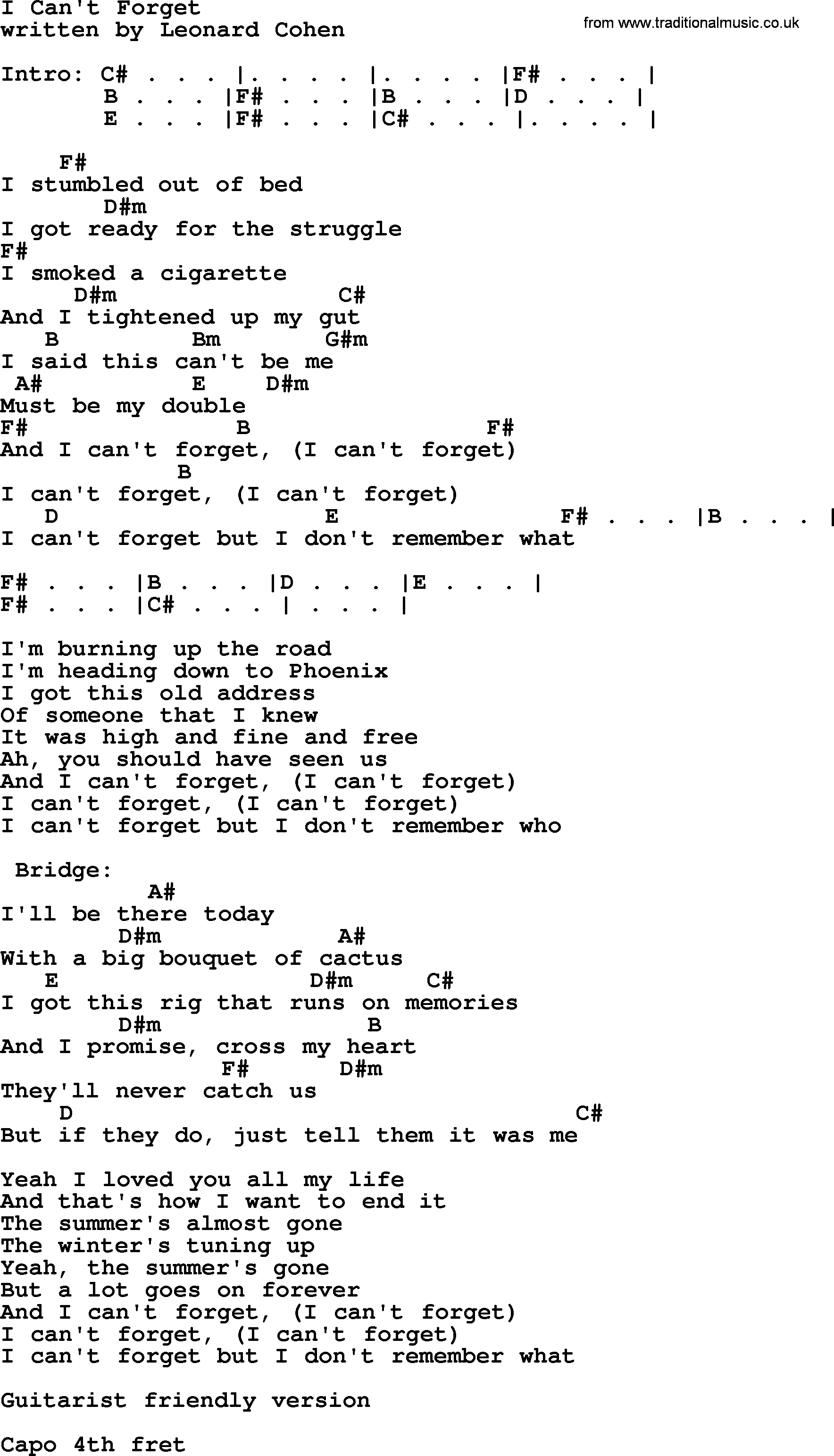 Leonard Cohen song I Cant Forget, lyrics and chords