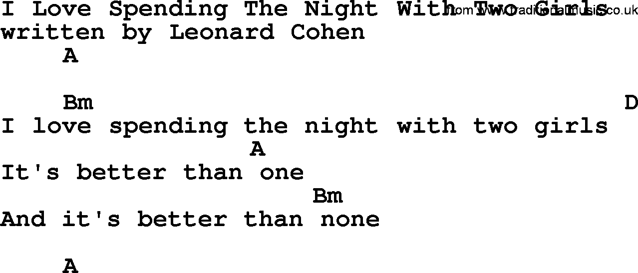 Leonard Cohen song I Love Spending The Night With Two Girls, lyrics and chords