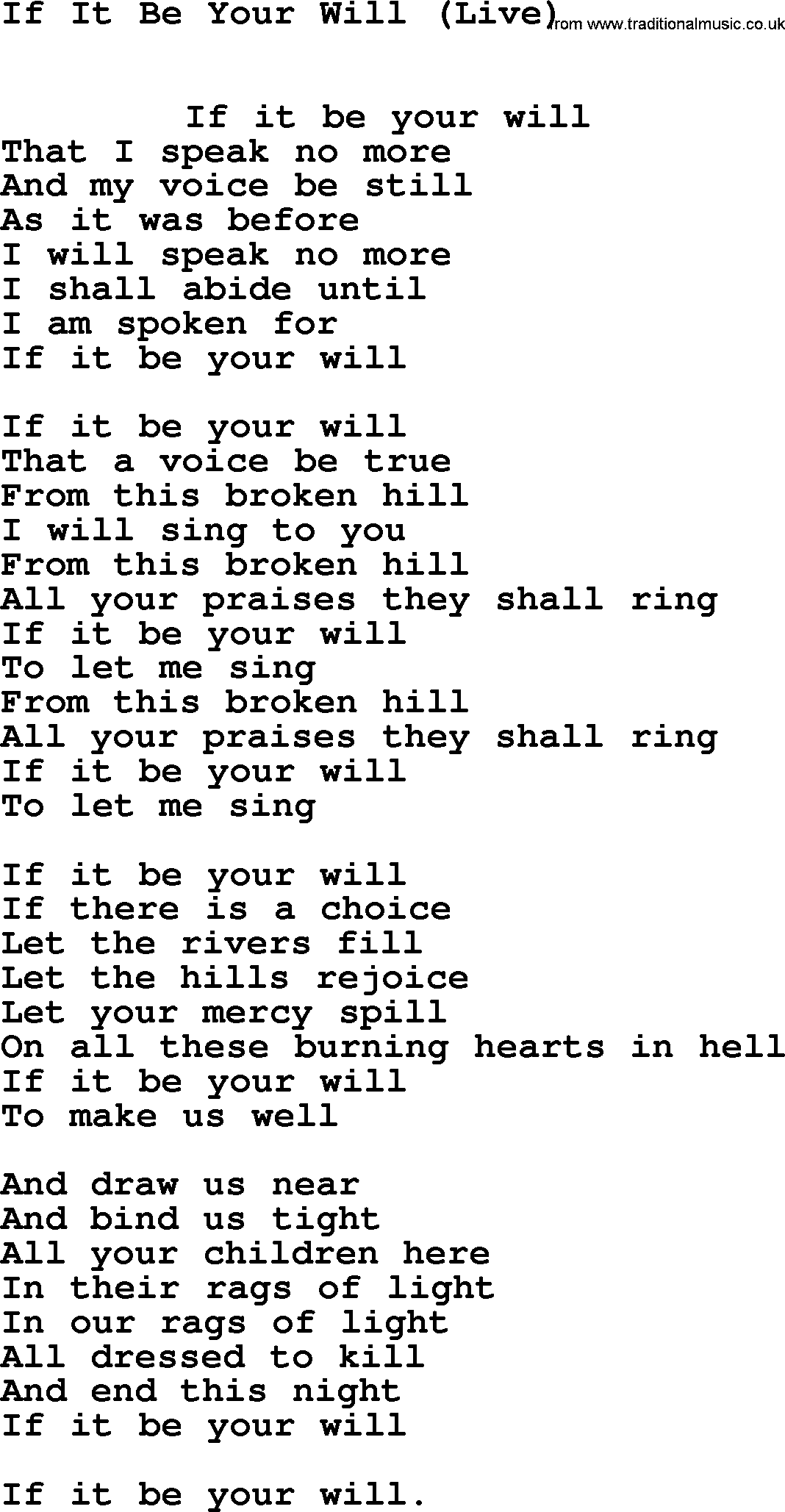 Leonard Cohen song If It Be Your Will(Live)-leonard-cohen.txt lyrics