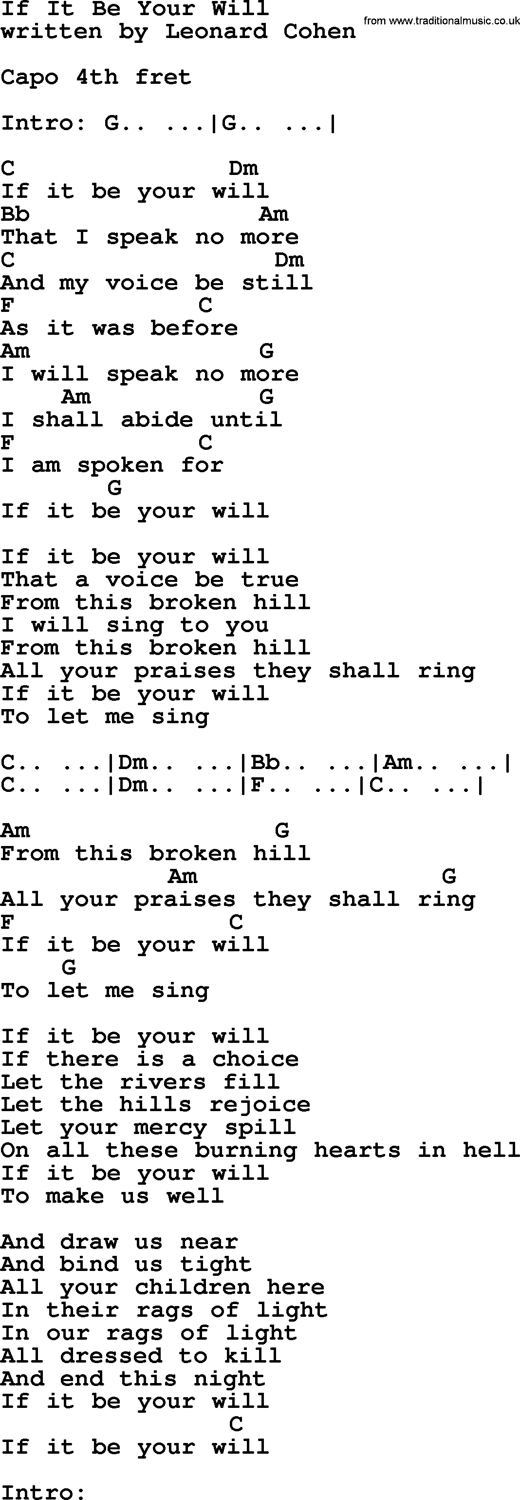 Leonard Cohen song If It Be Your Will, lyrics and chords