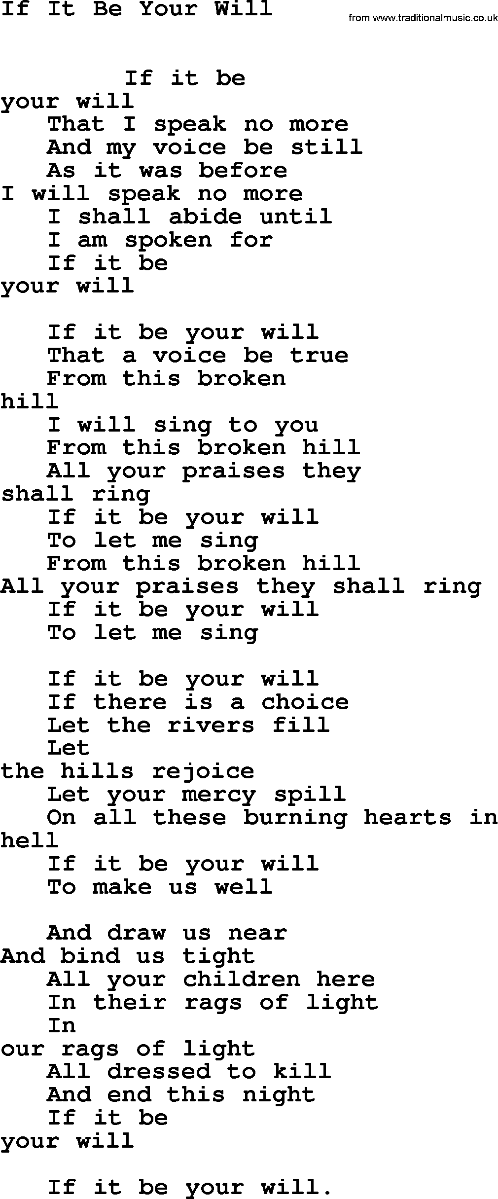 Leonard Cohen song If It Be Your Will-leonard-cohen.txt lyrics
