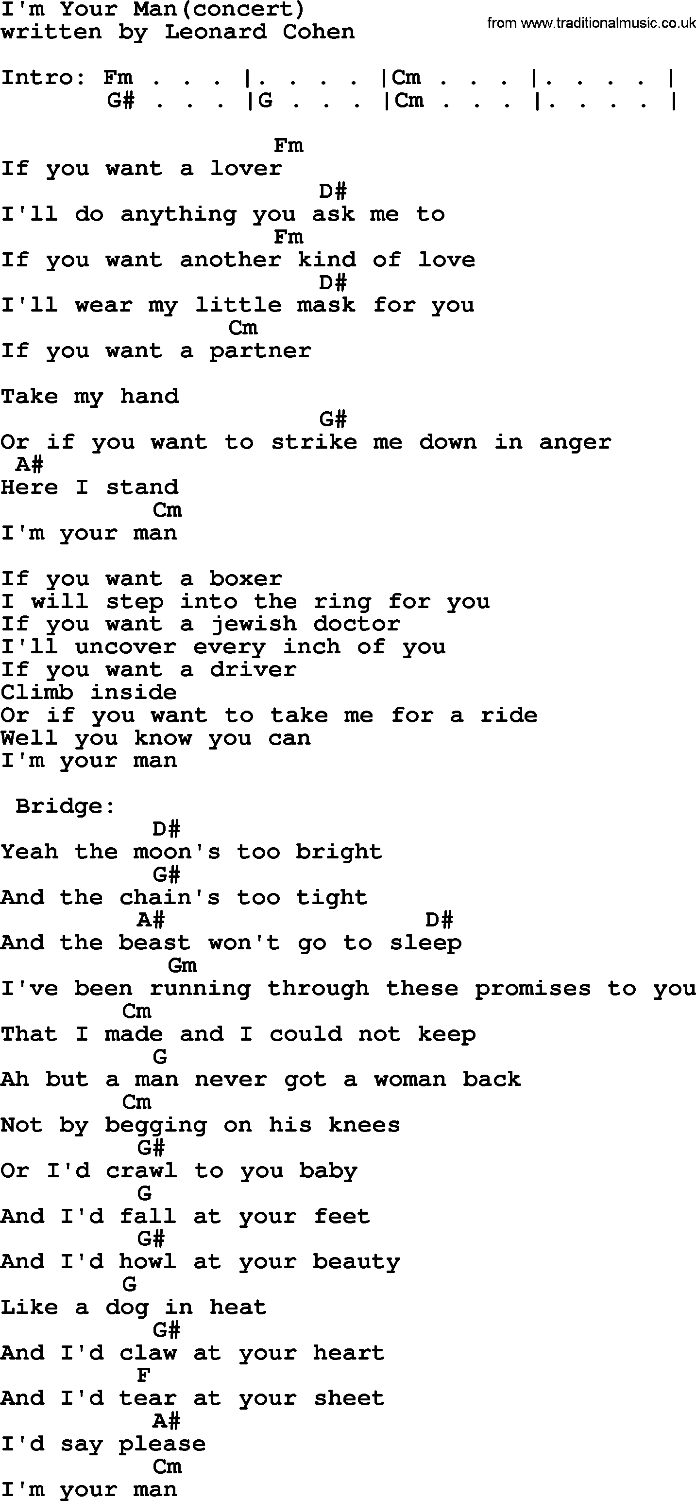Leonard Cohen song Im Your Man(concert), lyrics and chords