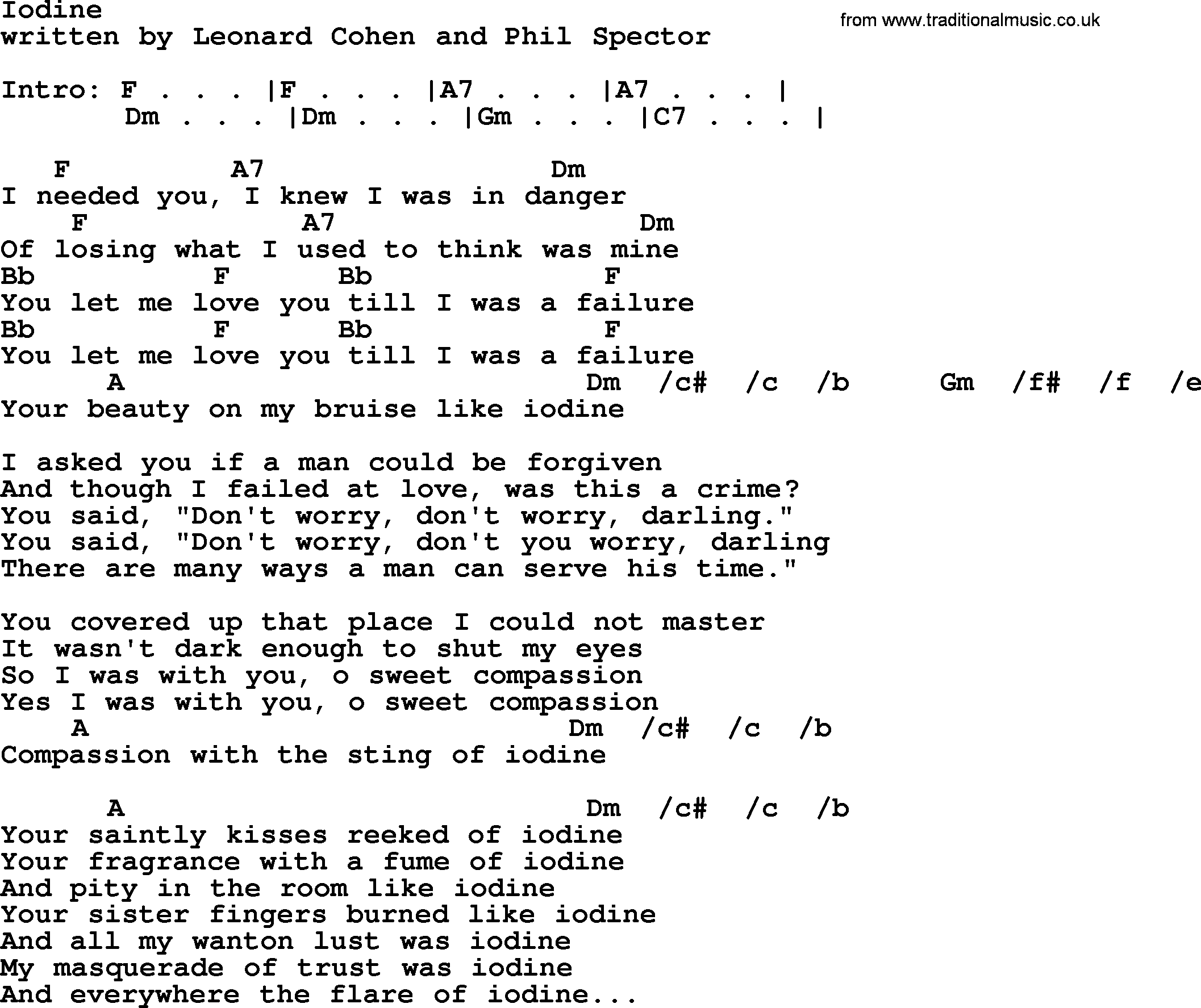 Leonard Cohen song Iodine, lyrics and chords