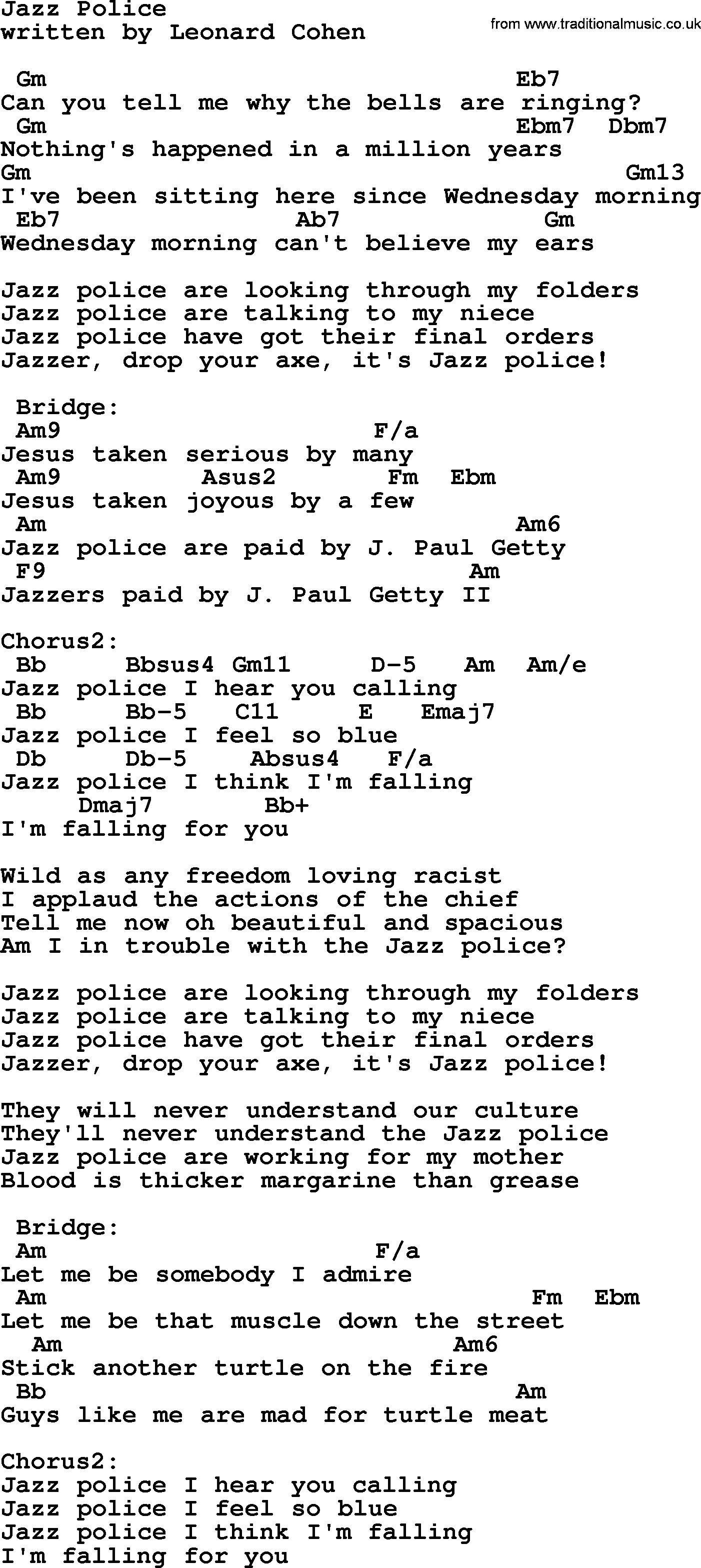 Leonard Cohen song Jazz Police, lyrics and chords