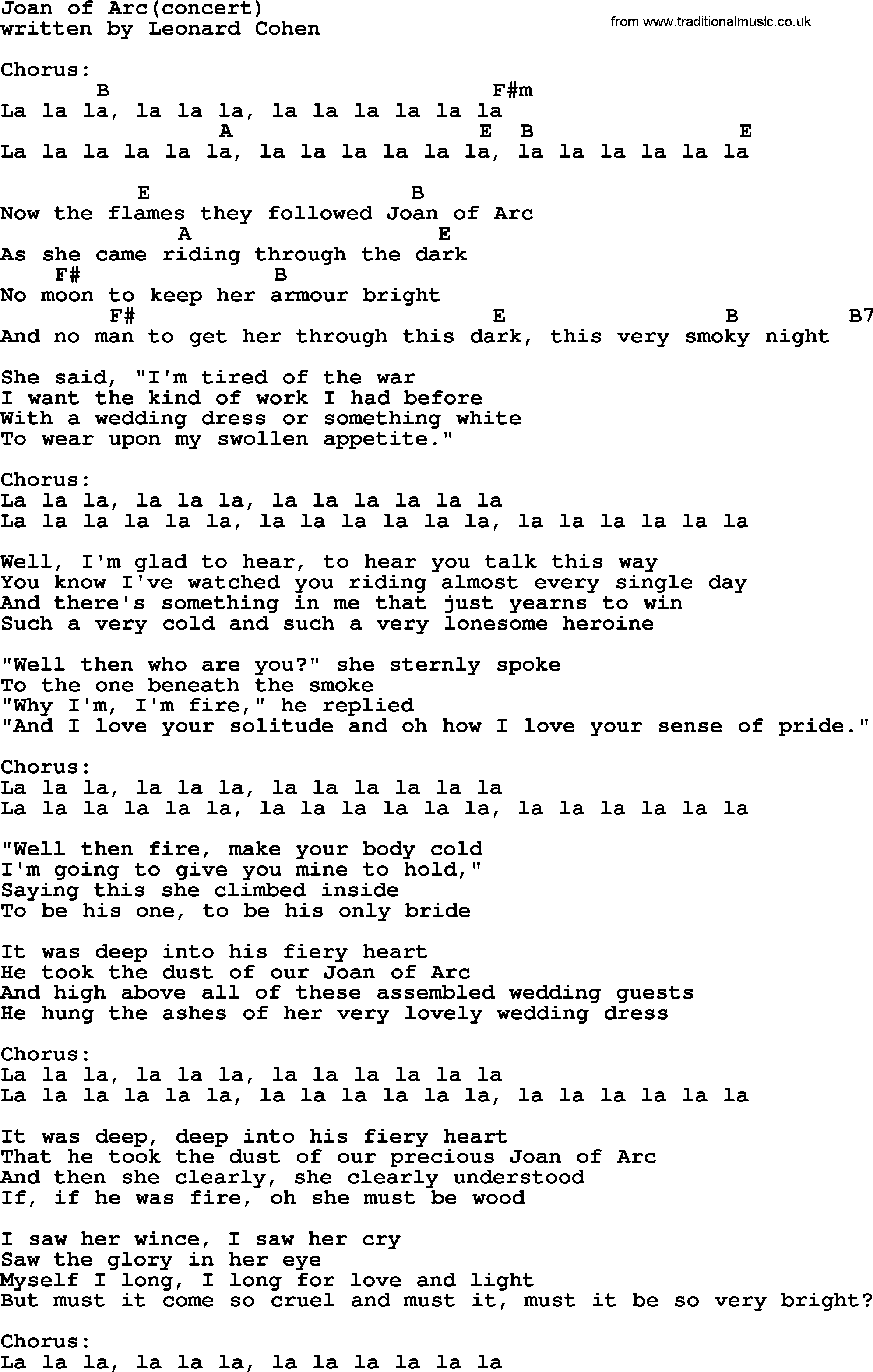 Leonard Cohen song Joan Of Arc(concert), lyrics and chords