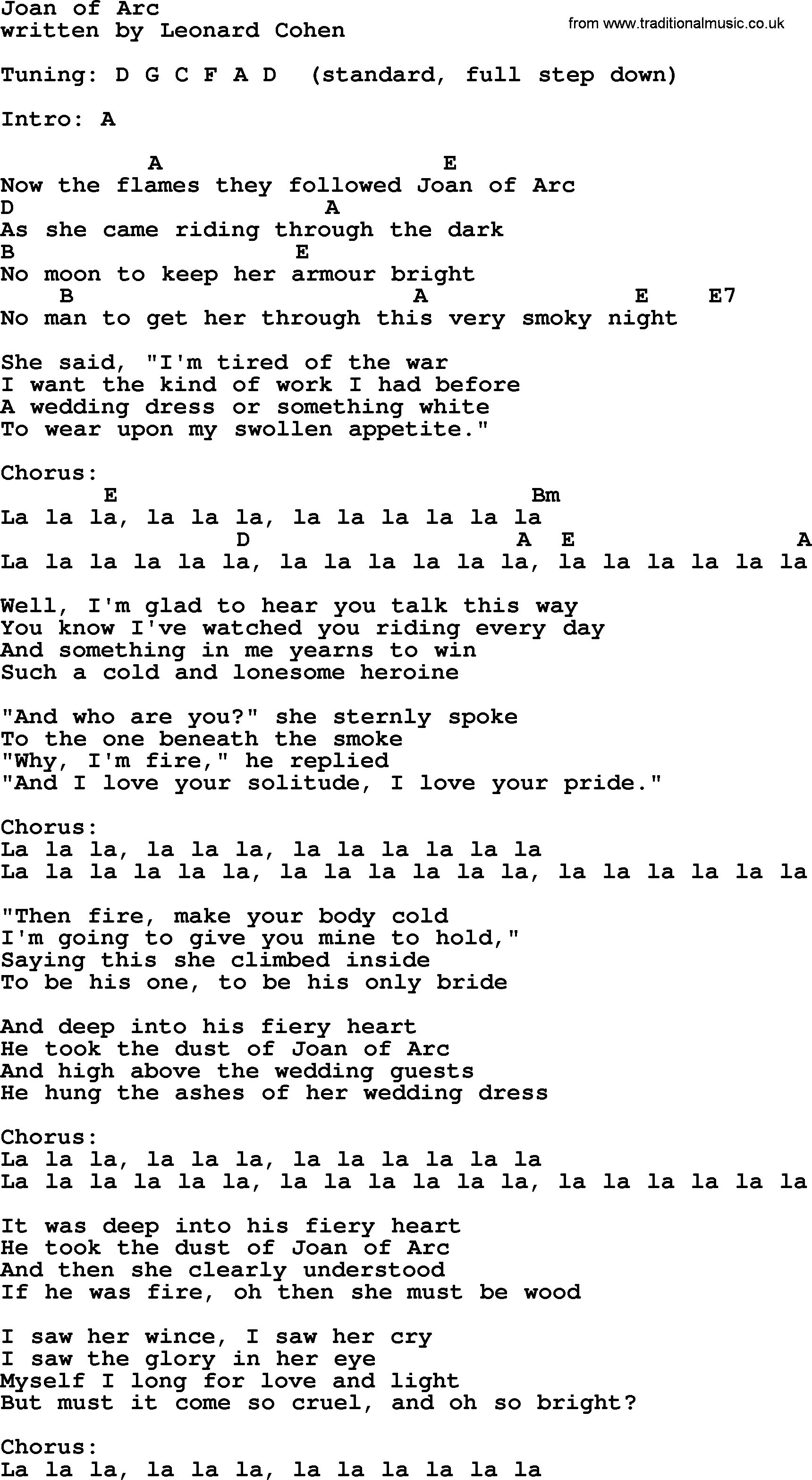 Leonard Cohen song Joan Of Arc, lyrics and chords
