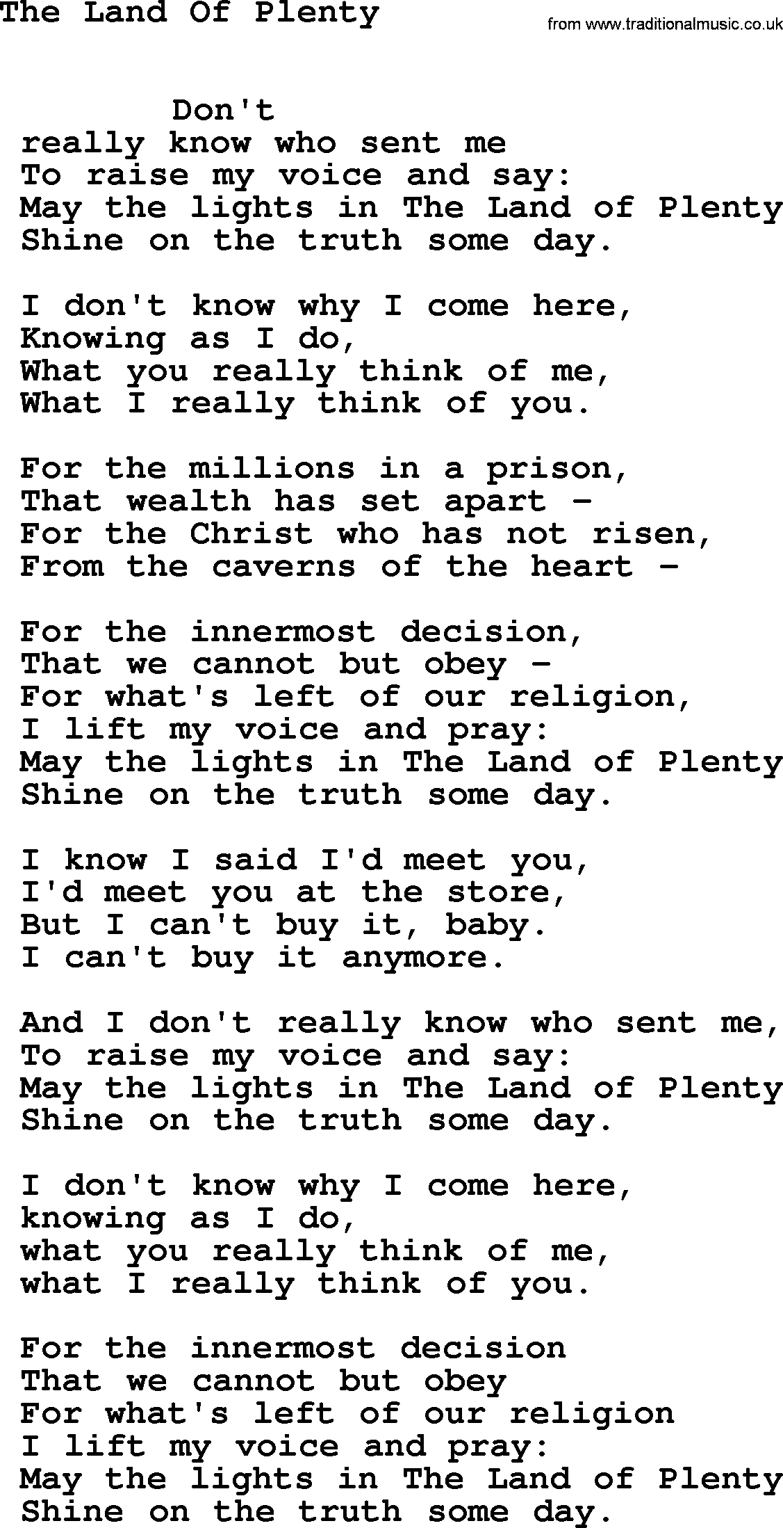 Leonard Cohen song Land Plenty-leonard-cohen.txt lyrics