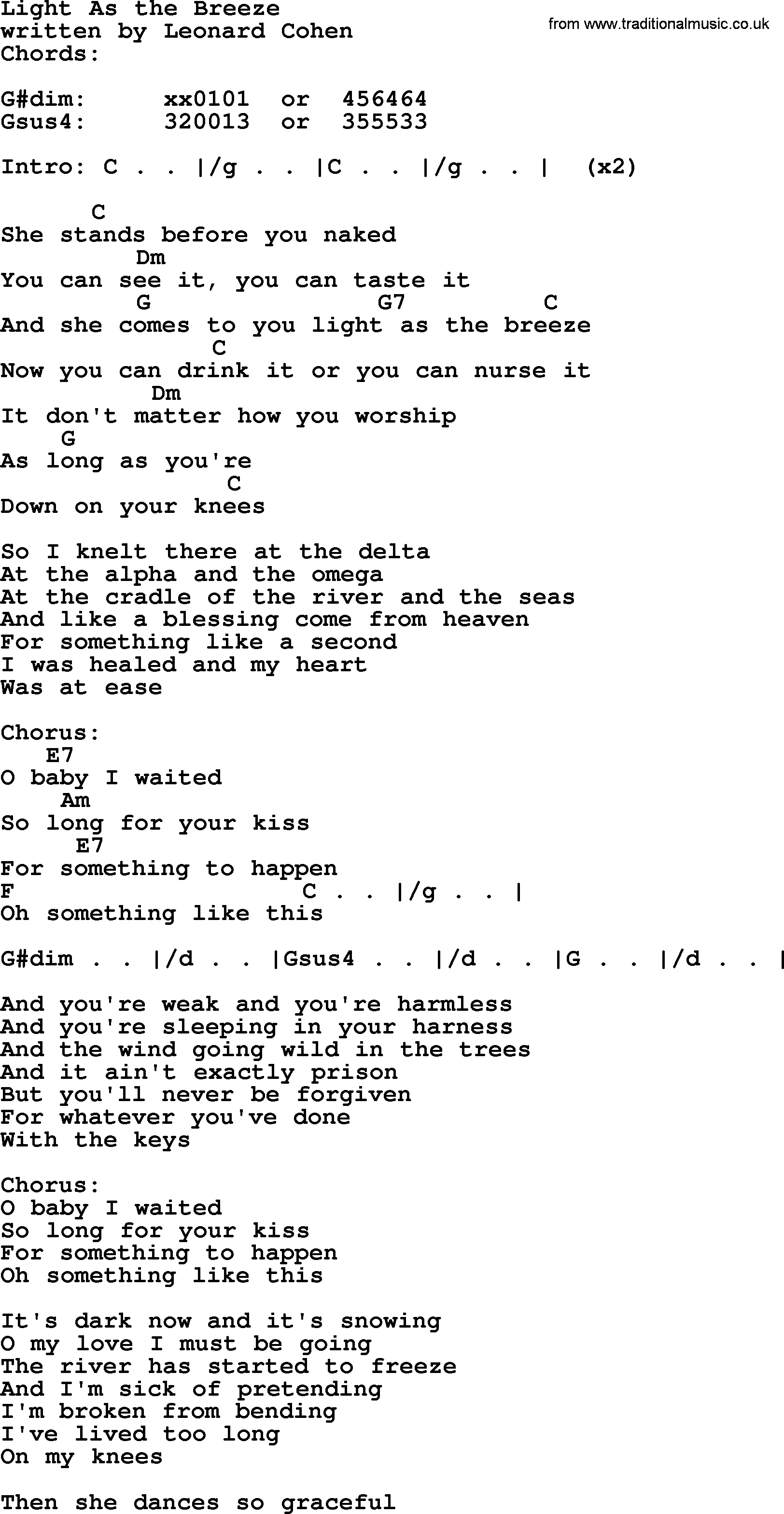 Leonard Cohen song Light As The Breeze, lyrics and chords