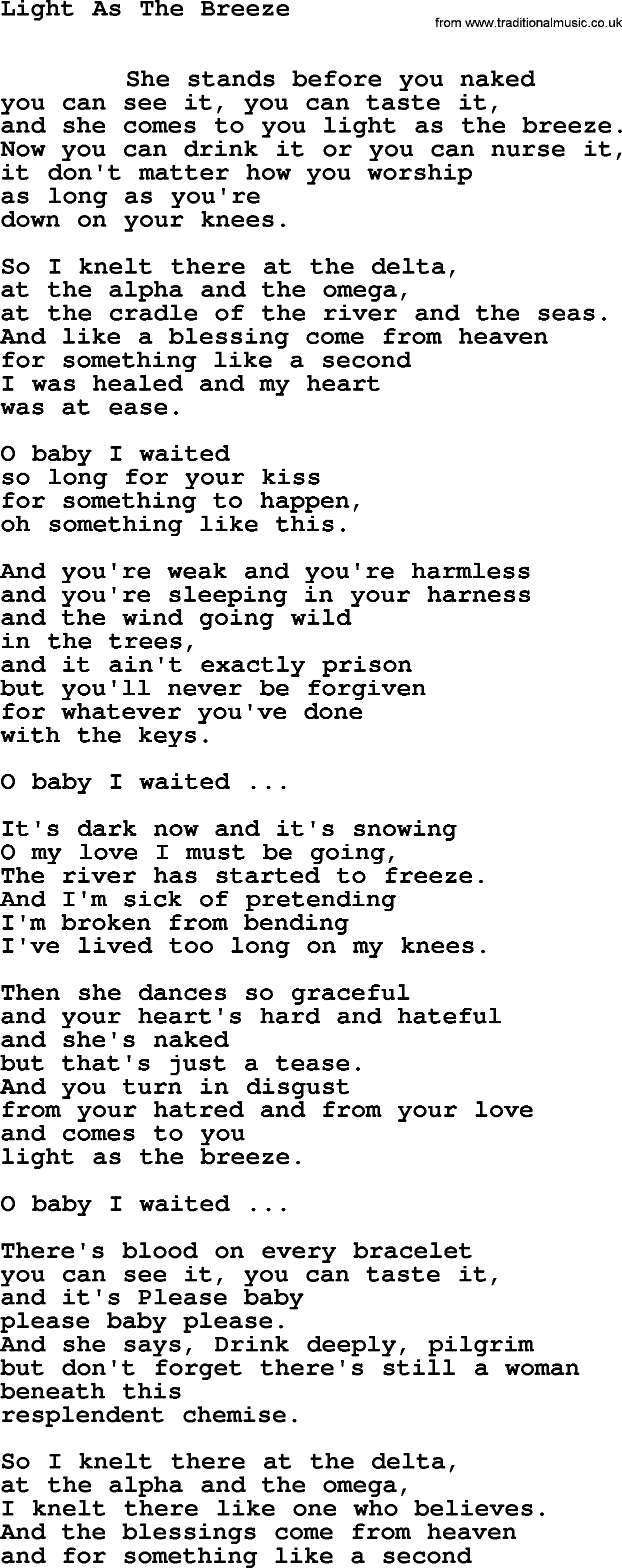 Leonard Cohen song Light Breeze-leonard-cohen.txt lyrics