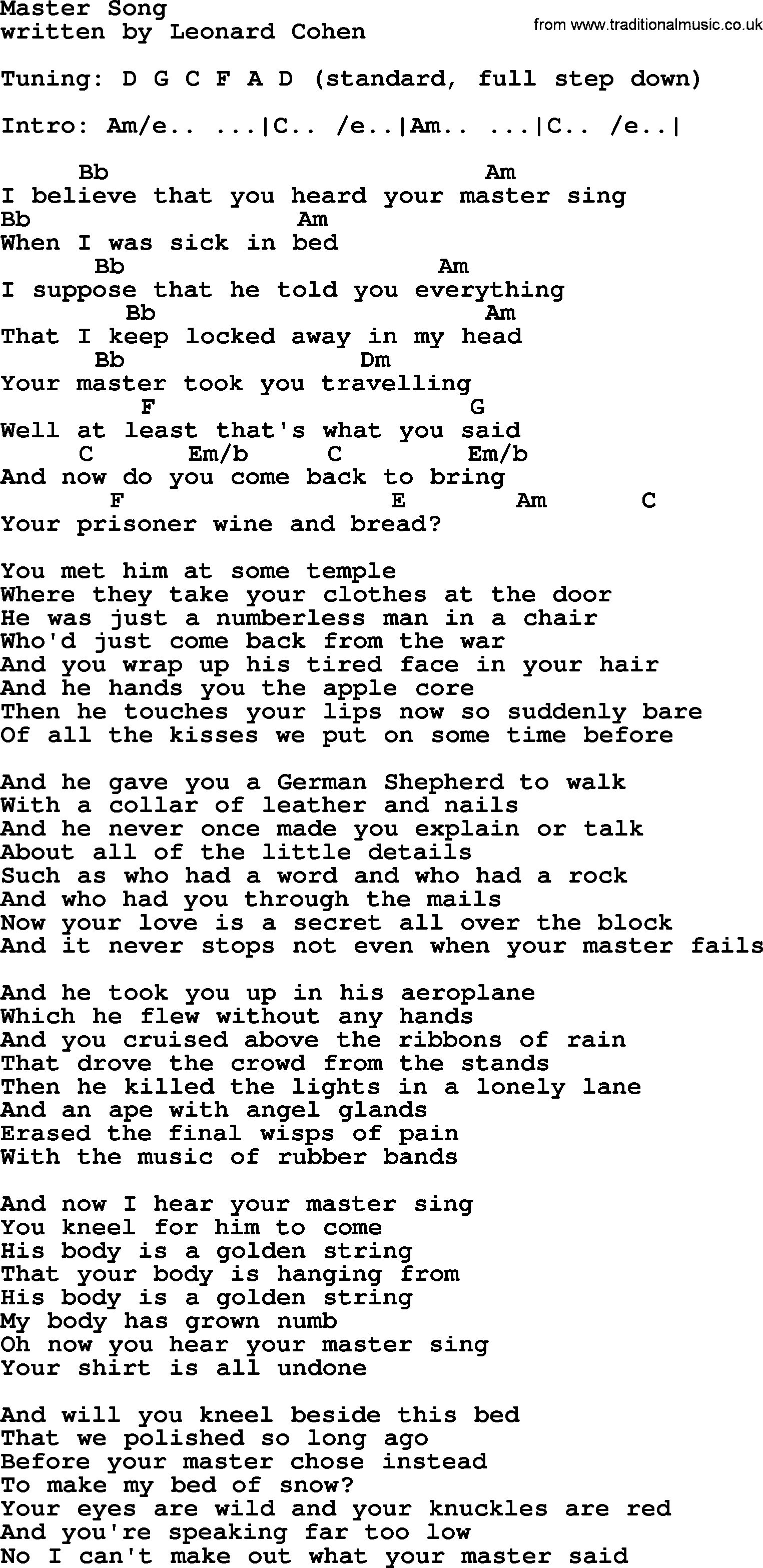 Leonard Cohen song Master Song, lyrics and chords