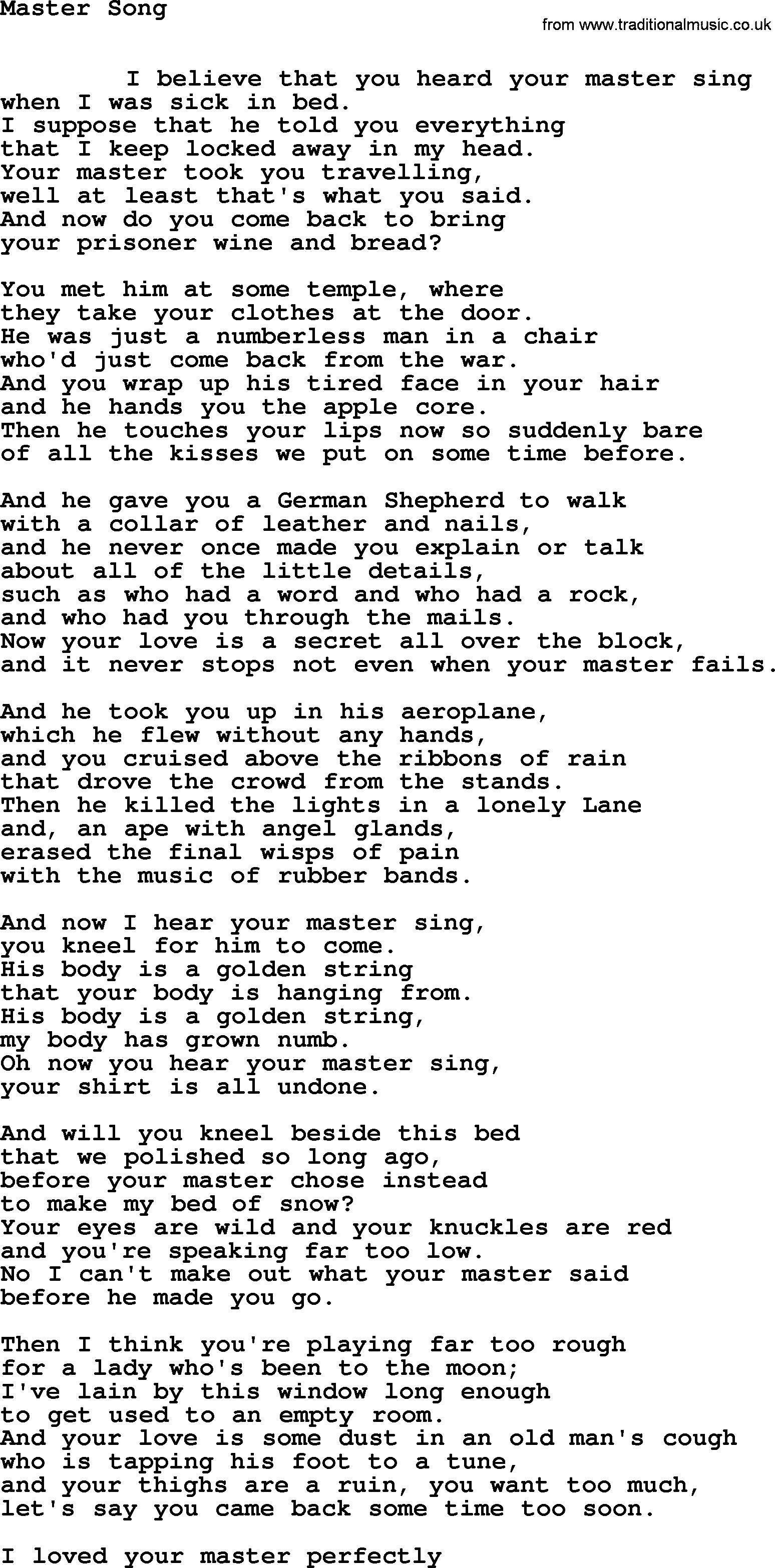 Leonard Cohen song Master Song-leonard-cohen.txt lyrics