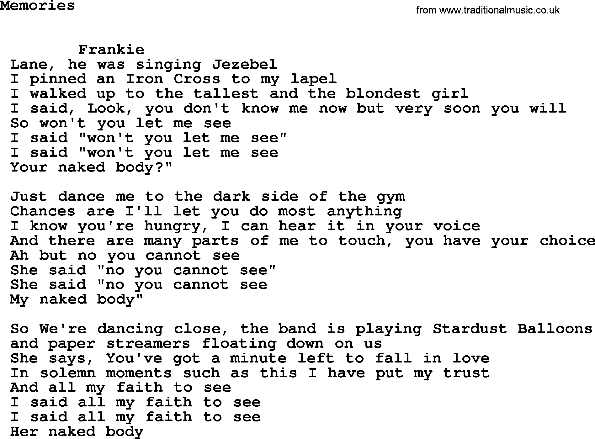 Leonard Cohen song Memories-leonard-cohen.txt lyrics