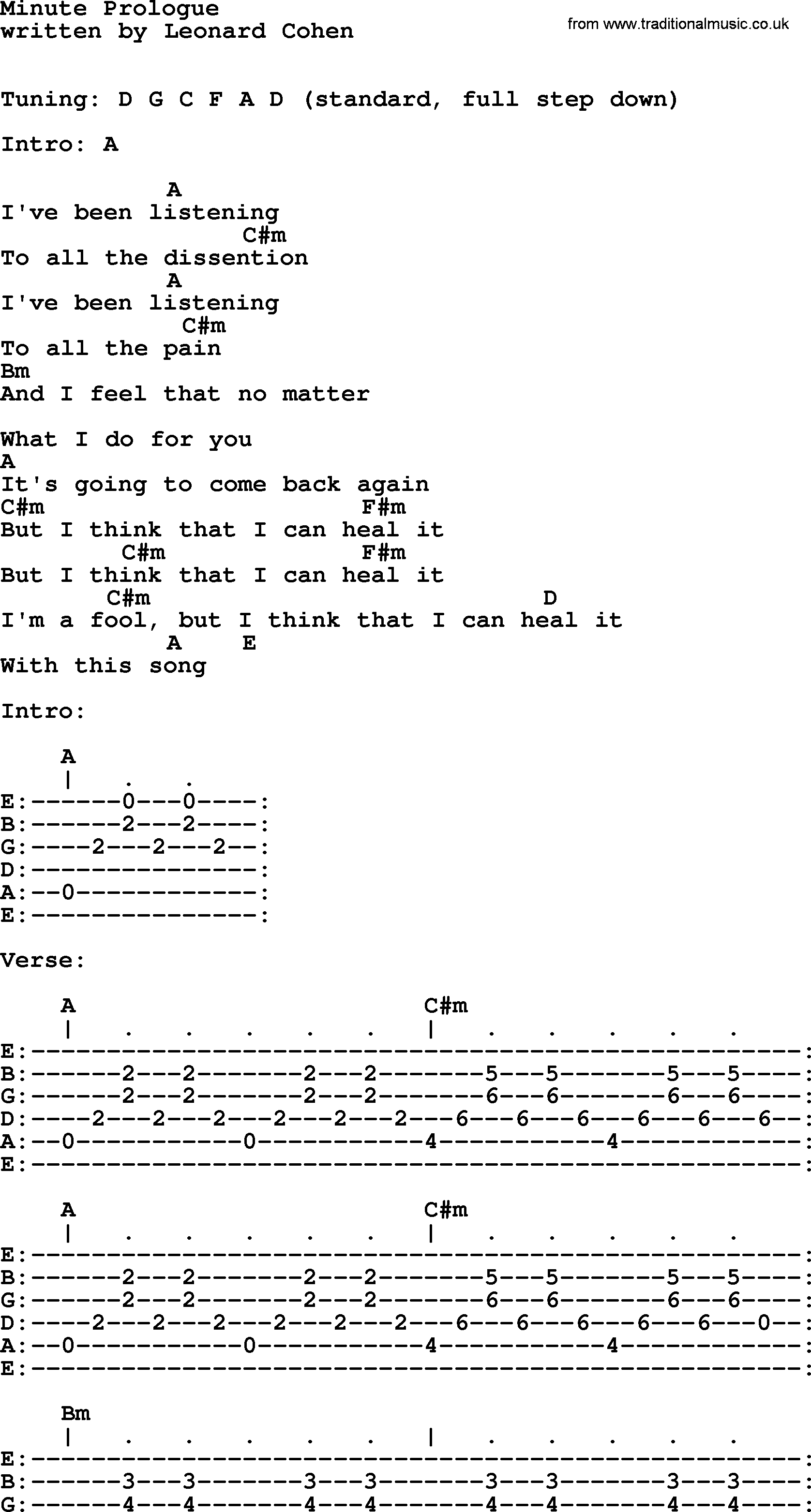 Leonard Cohen song Minute Prologue, lyrics and chords