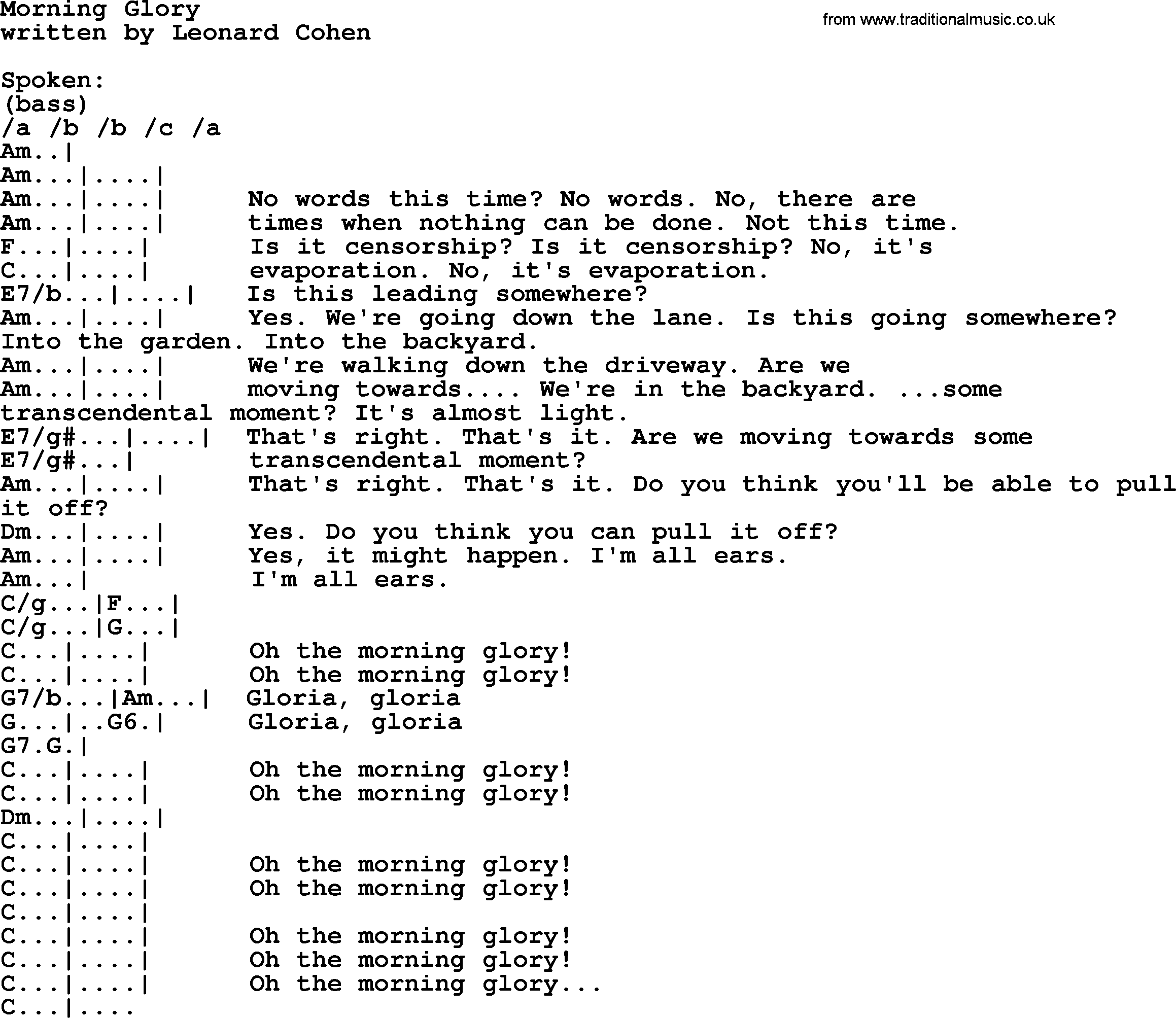 Leonard Cohen song Morning Glory, lyrics and chords